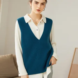 Kvinnor V-Neck ärmlös kashmir Vest Ribbed trim Cashmere Waistcoat