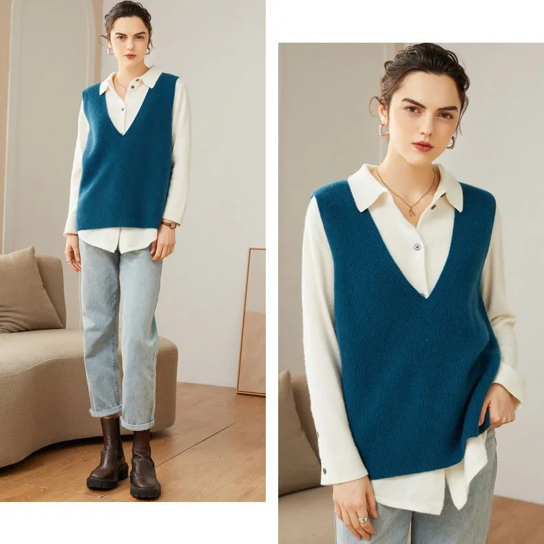Kvinnor V-Neck ärmlös kashmir Vest Ribbed trim Cashmere Waistcoat