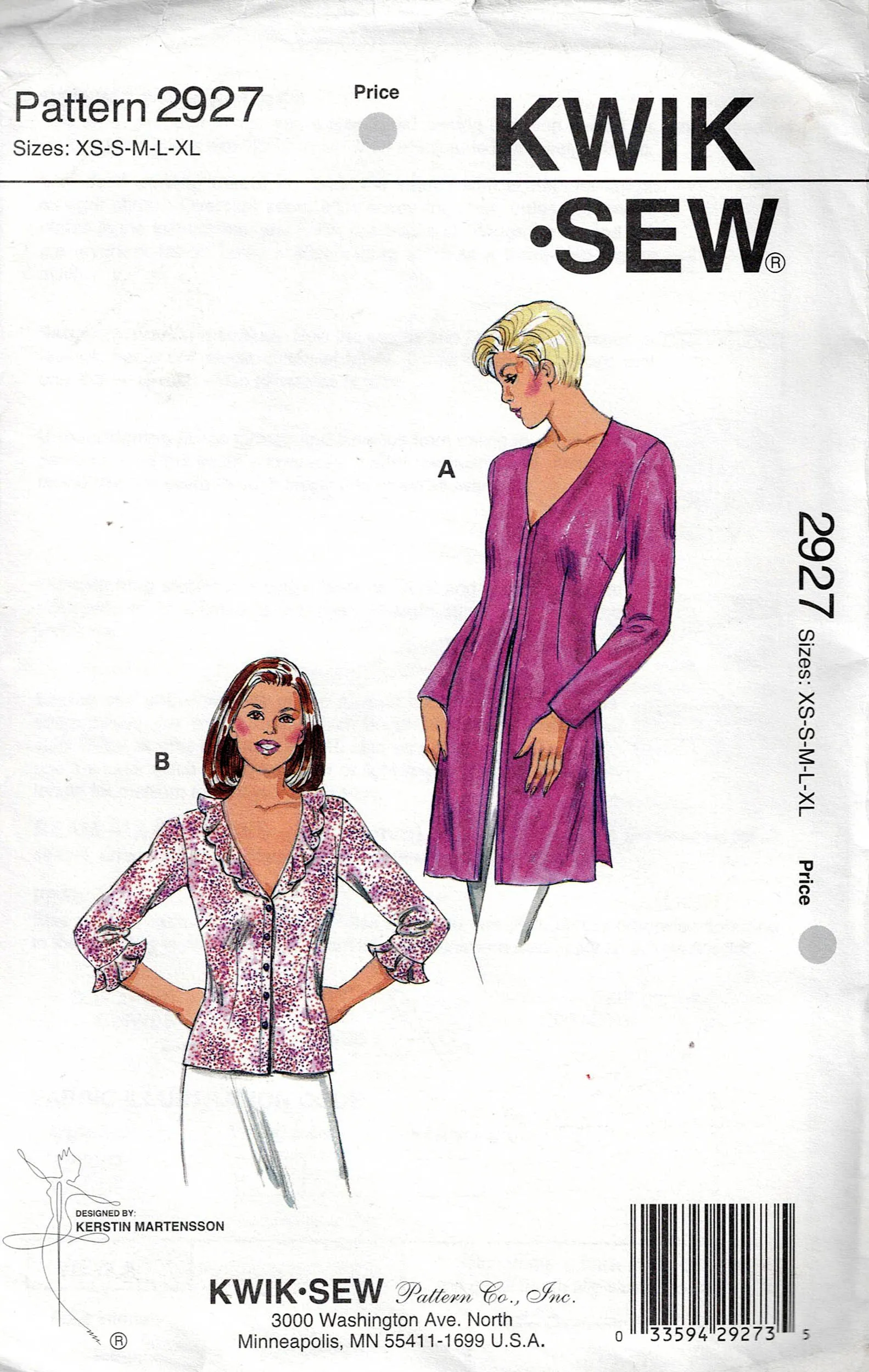 Kwik Sew 2927 Womens V Neck Blouse & Tunic Out Of Print Sewing Pattern Size XS - XL UNCUT Factory Folded