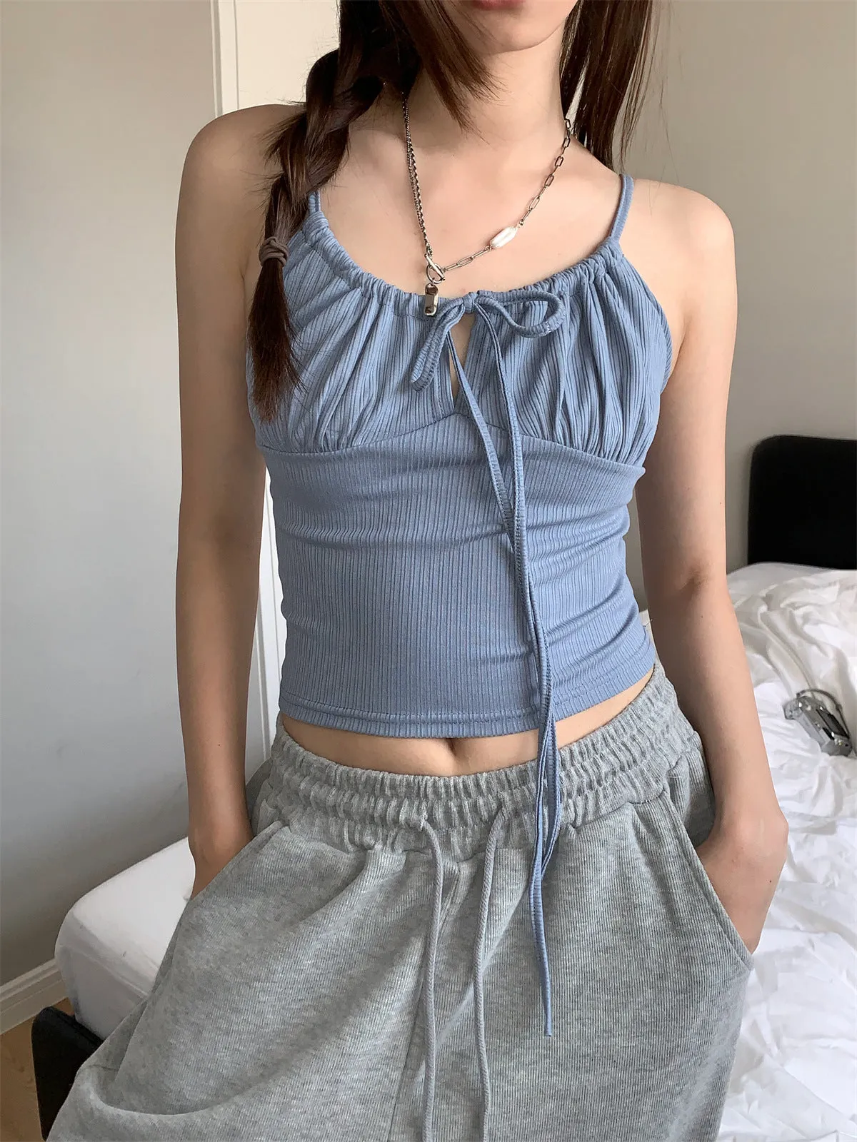 lace-up sleeveless tops