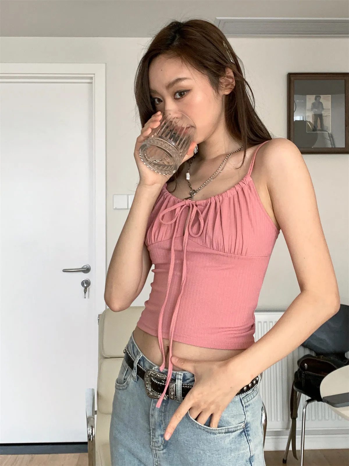 lace-up sleeveless tops