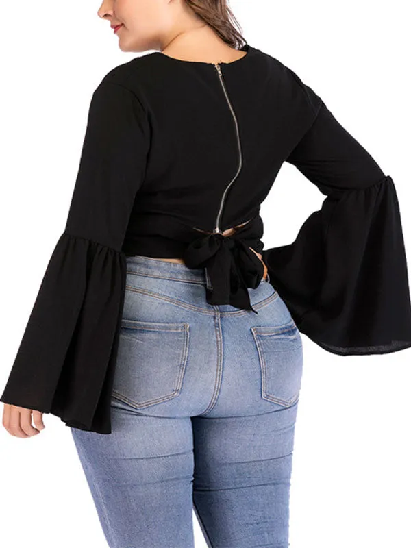 Large Size Women's V-neck Long-sleeved Solid Color Trumpet Sleeve Short T-shirt