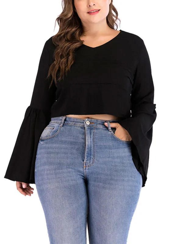 Large Size Women's V-neck Long-sleeved Solid Color Trumpet Sleeve Short T-shirt