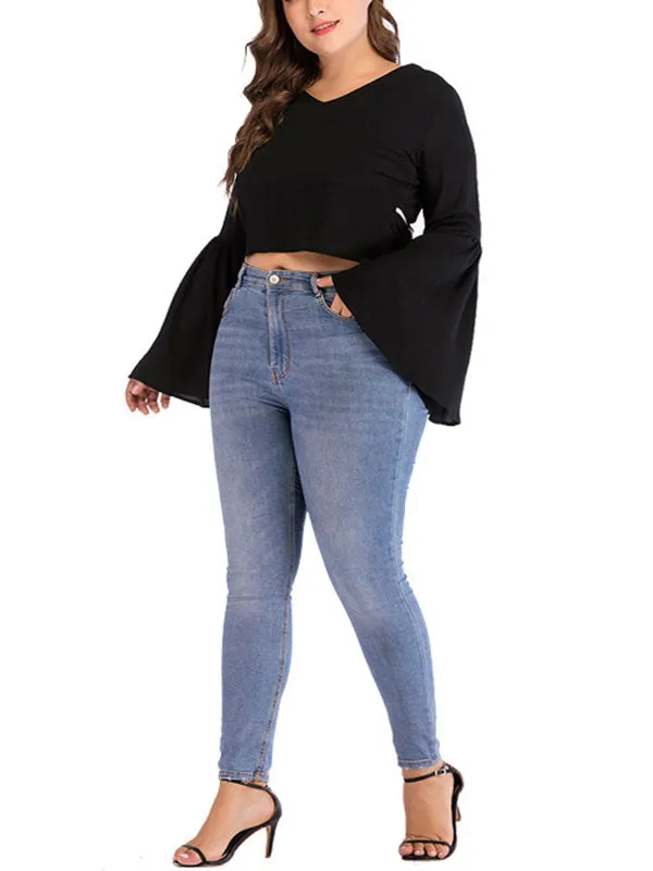 Large Size Women's V-neck Long-sleeved Solid Color Trumpet Sleeve Short T-shirt