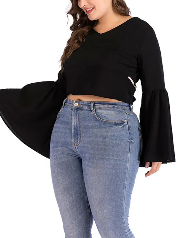Large Size Women's V-neck Long-sleeved Solid Color Trumpet Sleeve Short T-shirt