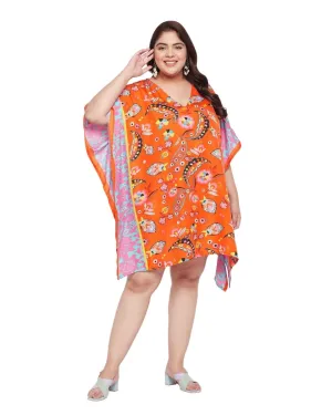 Leaf Printed Plus Size Orange Polyester Tunic Top For Women