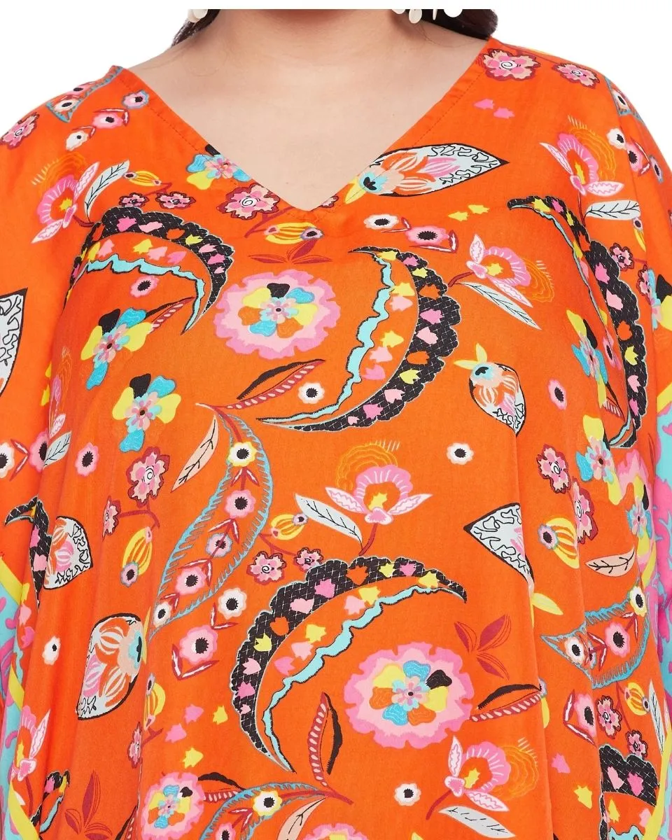 Leaf Printed Plus Size Orange Polyester Tunic Top For Women