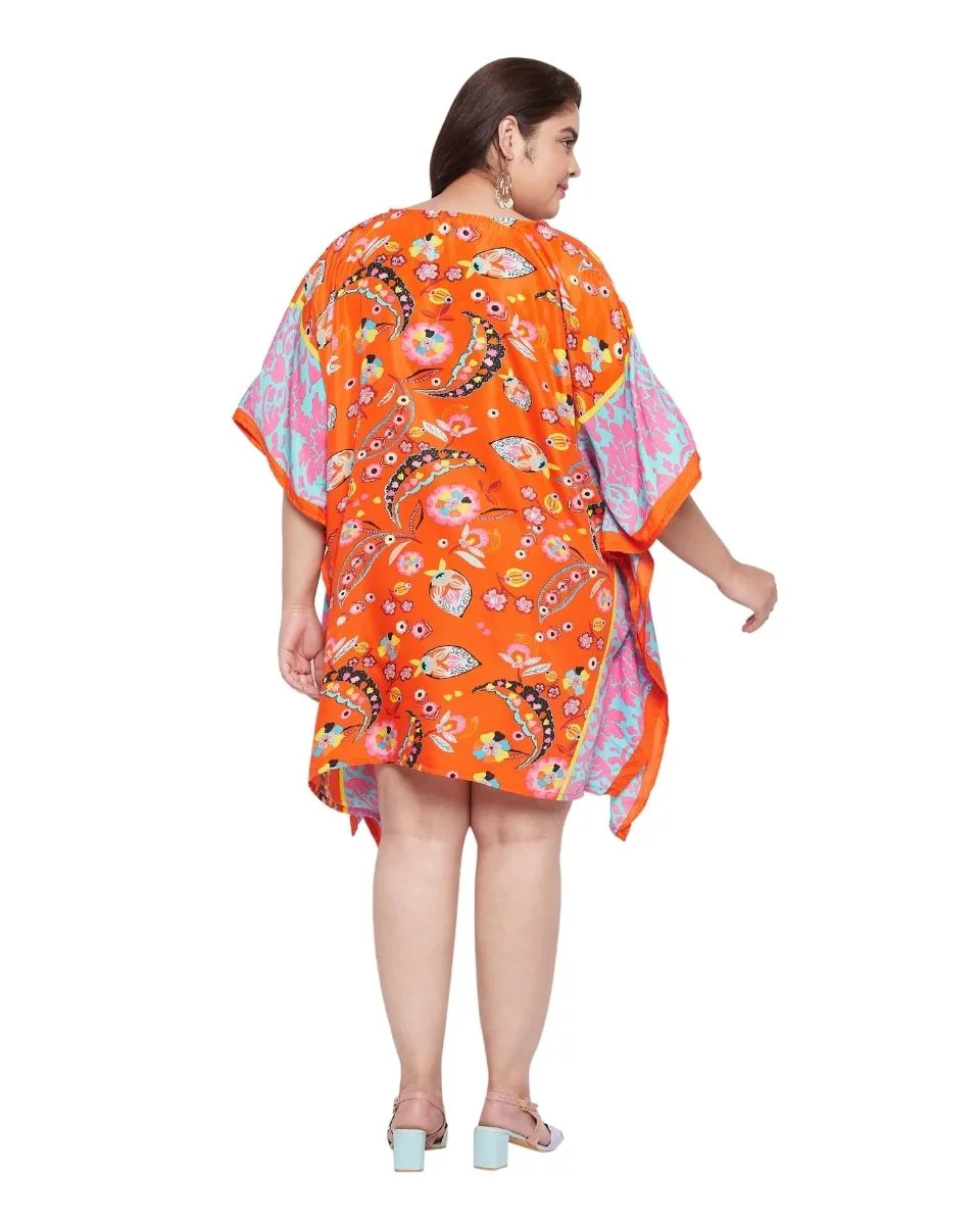 Leaf Printed Plus Size Orange Polyester Tunic Top For Women