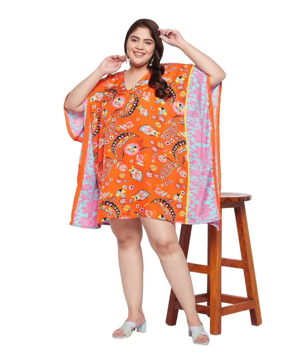 Leaf Printed Plus Size Orange Polyester Tunic Top For Women