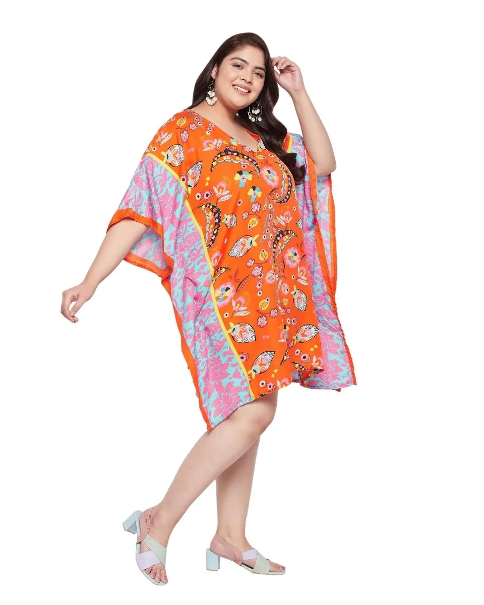 Leaf Printed Plus Size Orange Polyester Tunic Top For Women