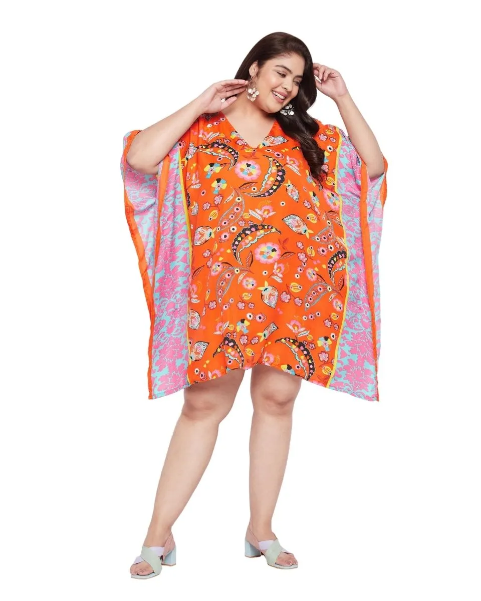 Leaf Printed Plus Size Orange Polyester Tunic Top For Women