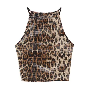 Leopard Print Sequin Cropped Top