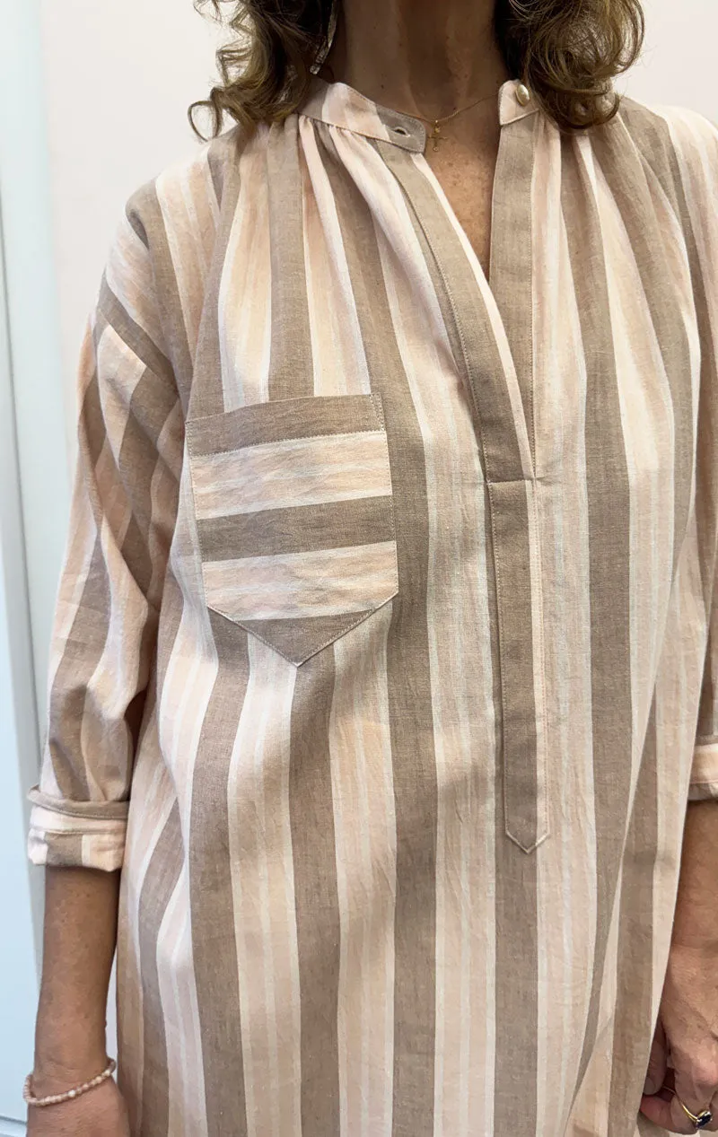 Light Pink striped long sleeve button tunic