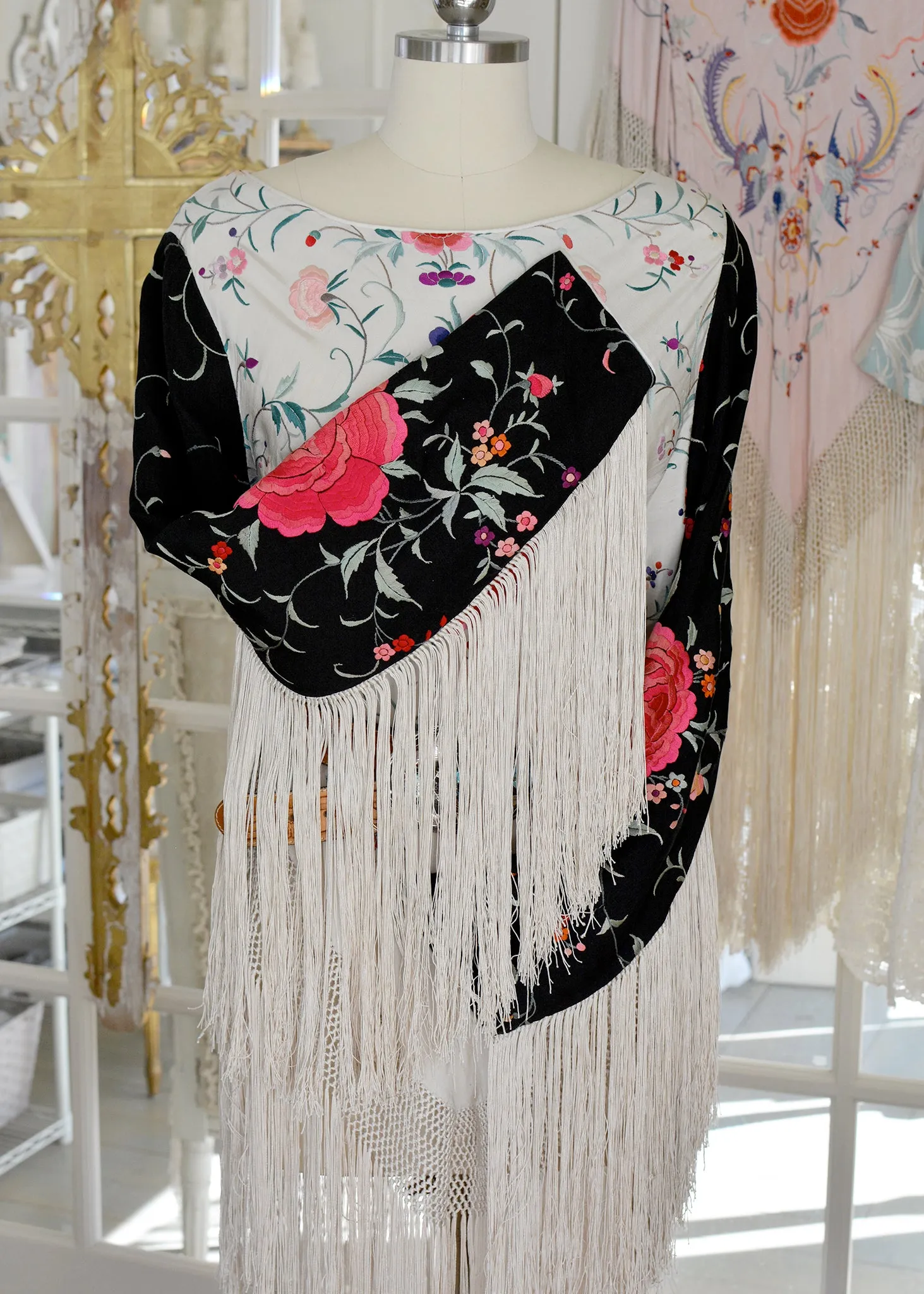 Lilith Antique Hand Embroidered Black & Creme with Roses Silk Crepe Tunic