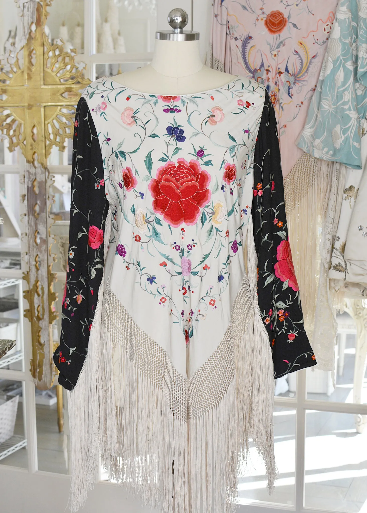 Lilith Antique Hand Embroidered Black & Creme with Roses Silk Crepe Tunic