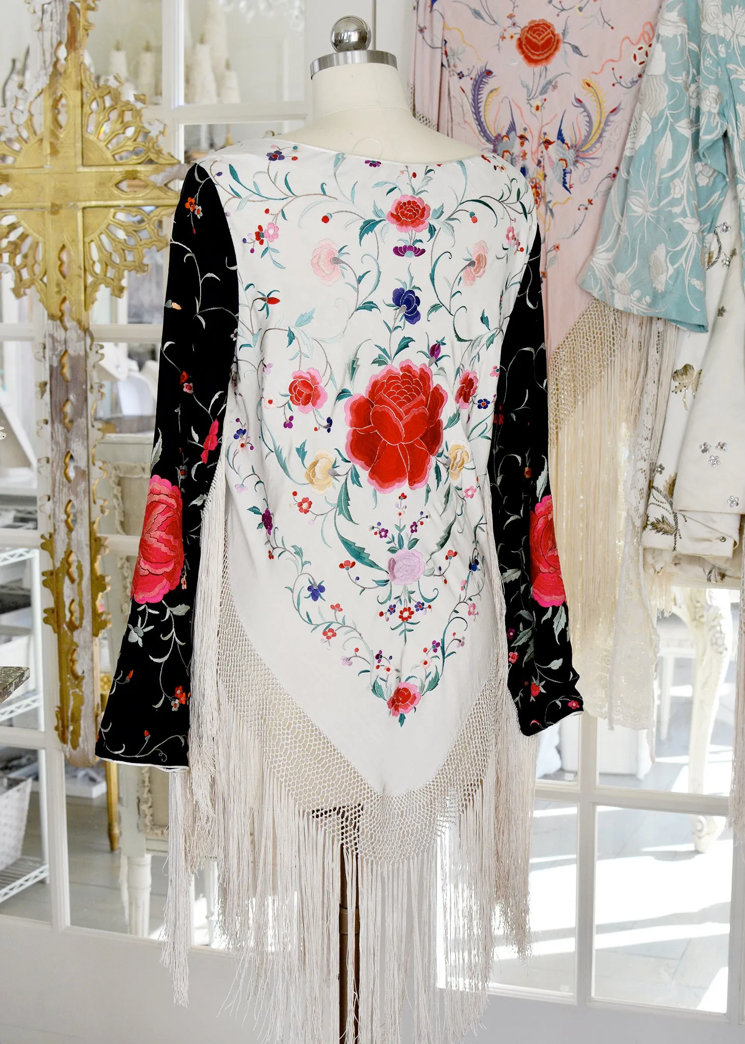 Lilith Antique Hand Embroidered Black & Creme with Roses Silk Crepe Tunic