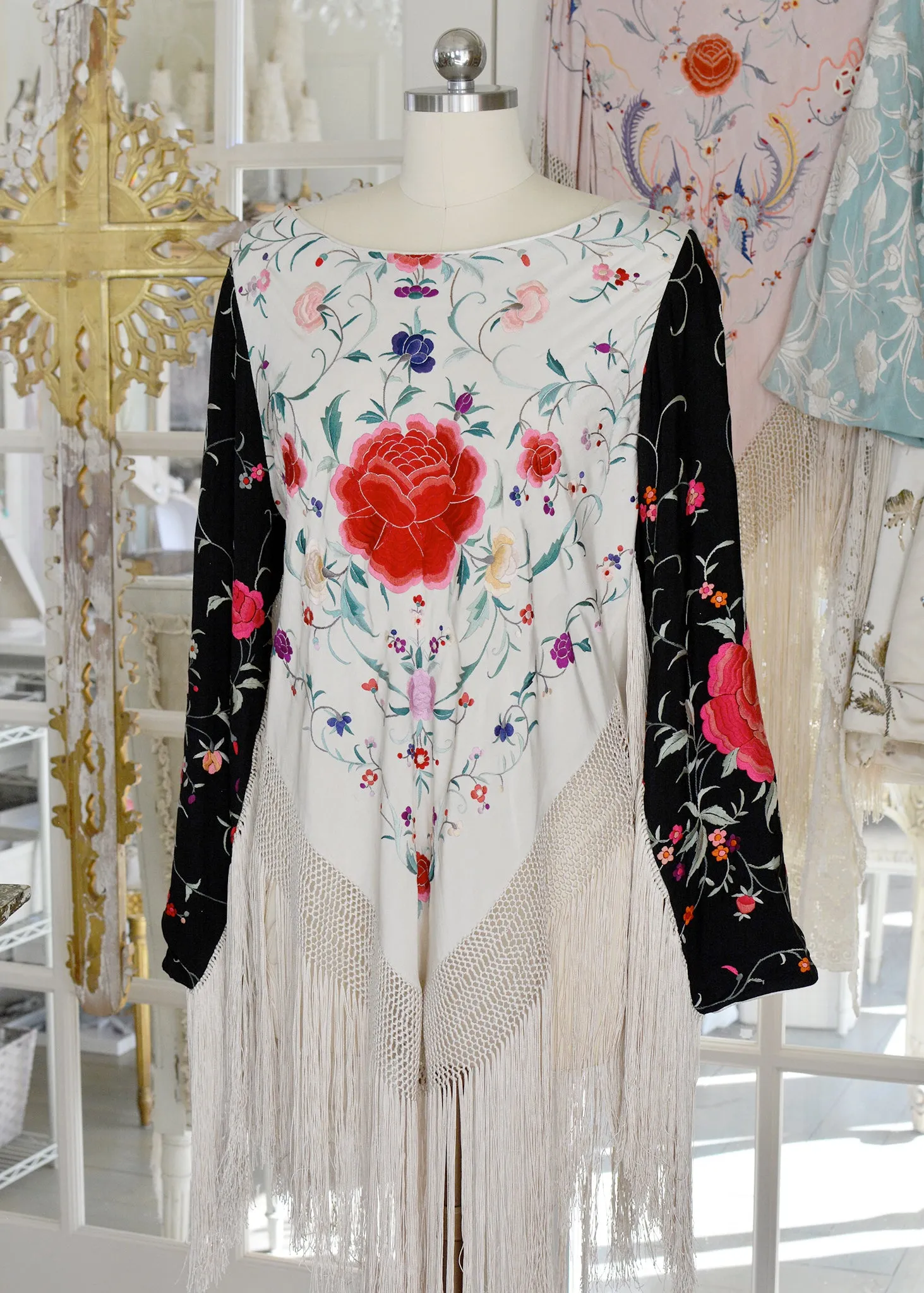 Lilith Antique Hand Embroidered Black & Creme with Roses Silk Crepe Tunic
