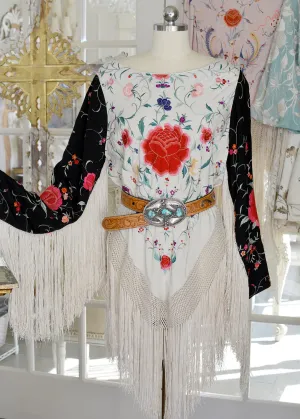 Lilith Antique Hand Embroidered Black & Creme with Roses Silk Crepe Tunic