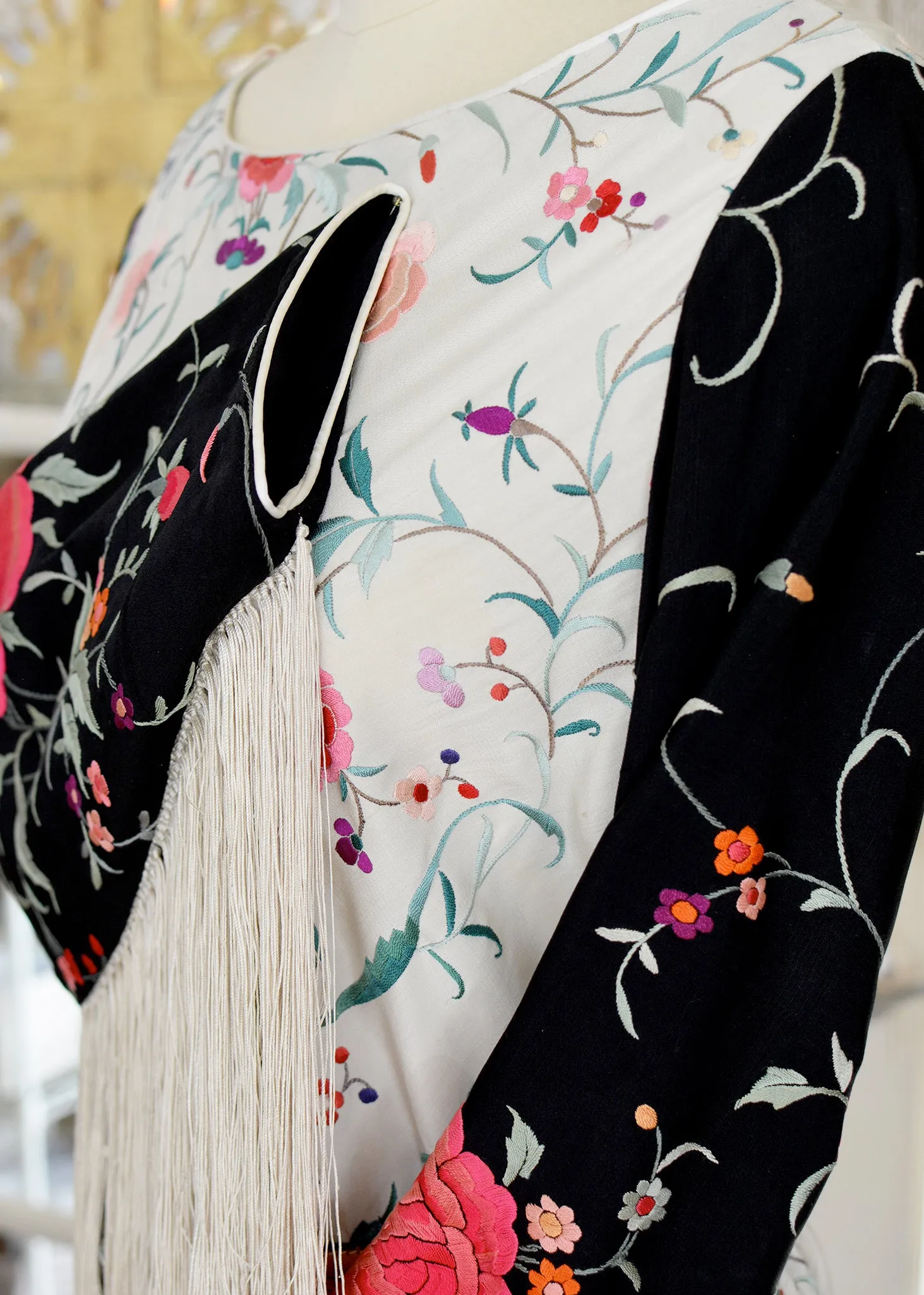 Lilith Antique Hand Embroidered Black & Creme with Roses Silk Crepe Tunic