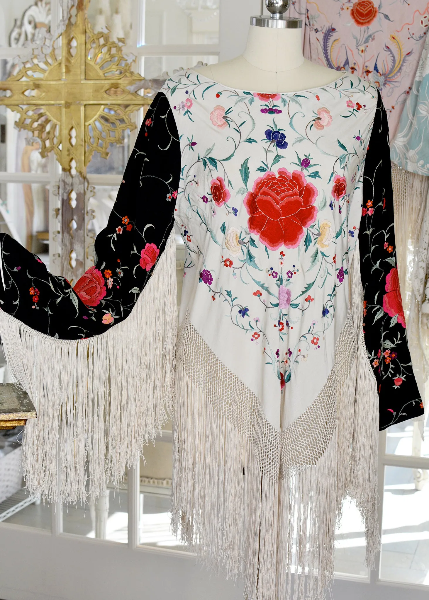 Lilith Antique Hand Embroidered Black & Creme with Roses Silk Crepe Tunic