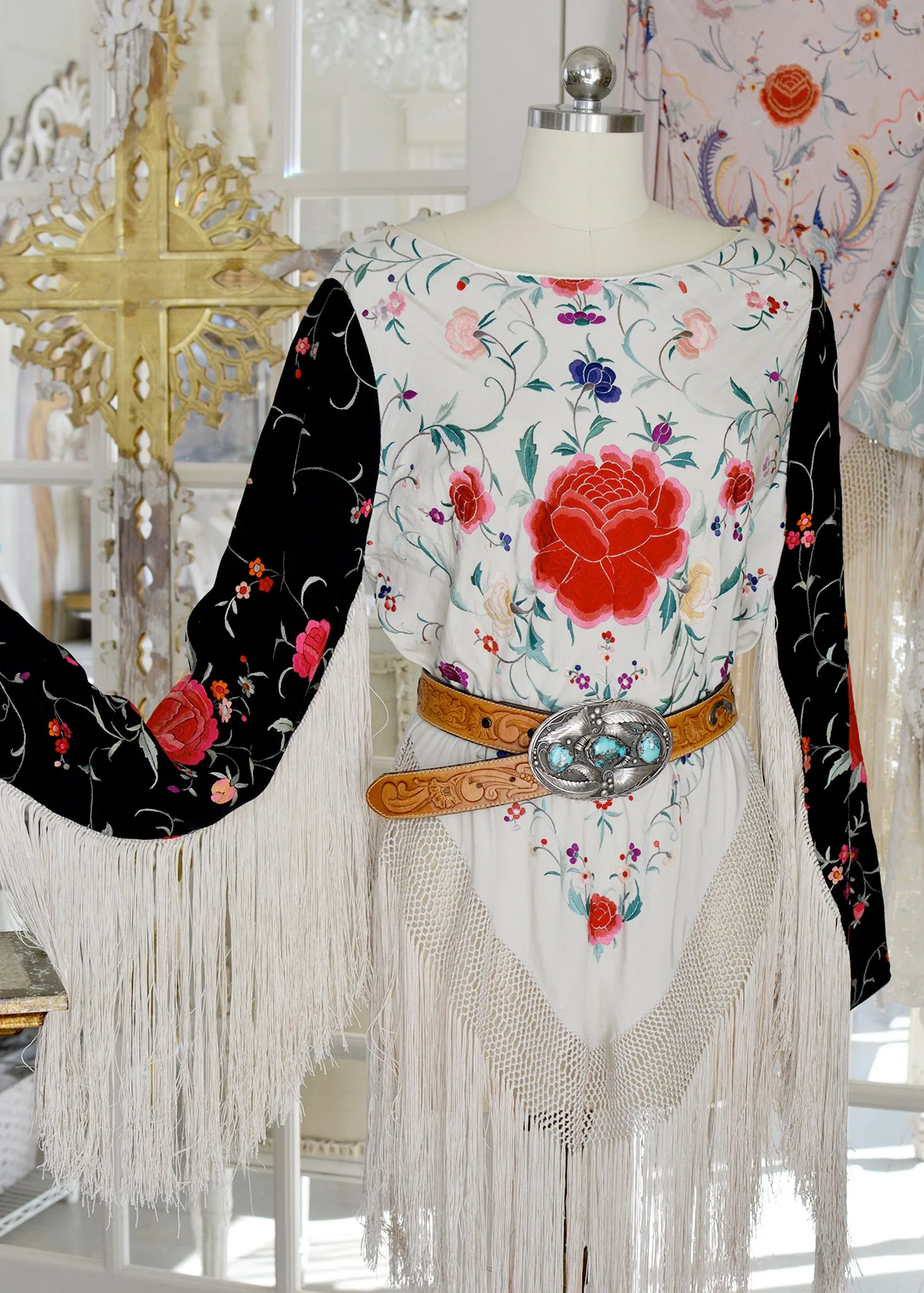 Lilith Antique Hand Embroidered Black & Creme with Roses Silk Crepe Tunic