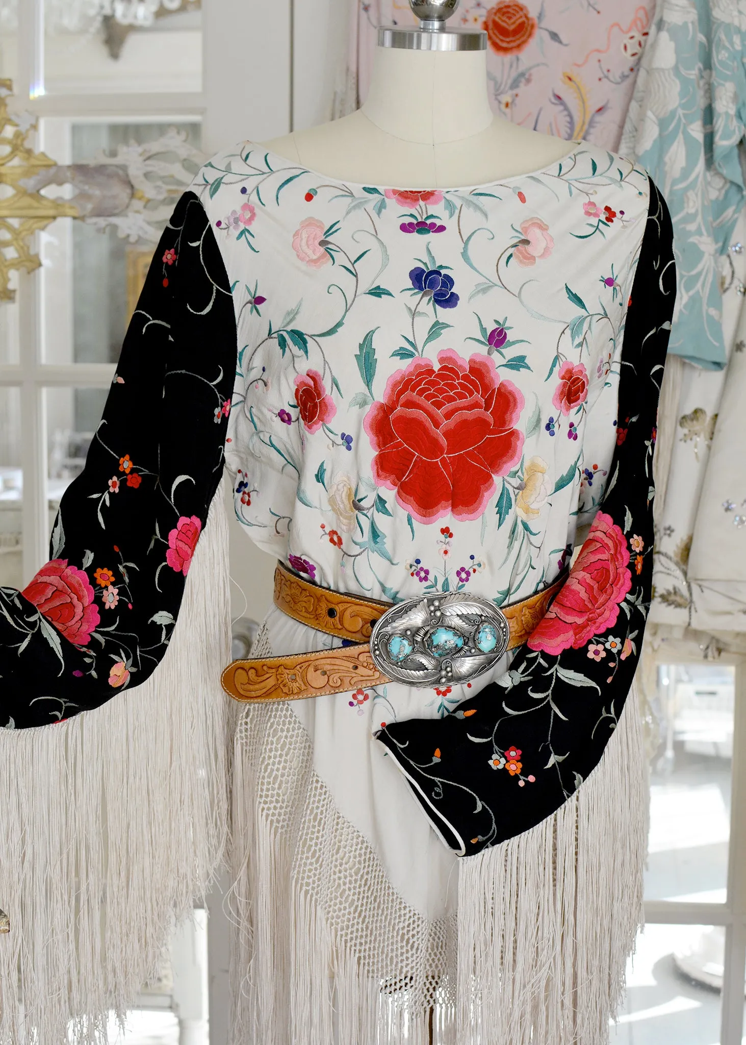 Lilith Antique Hand Embroidered Black & Creme with Roses Silk Crepe Tunic