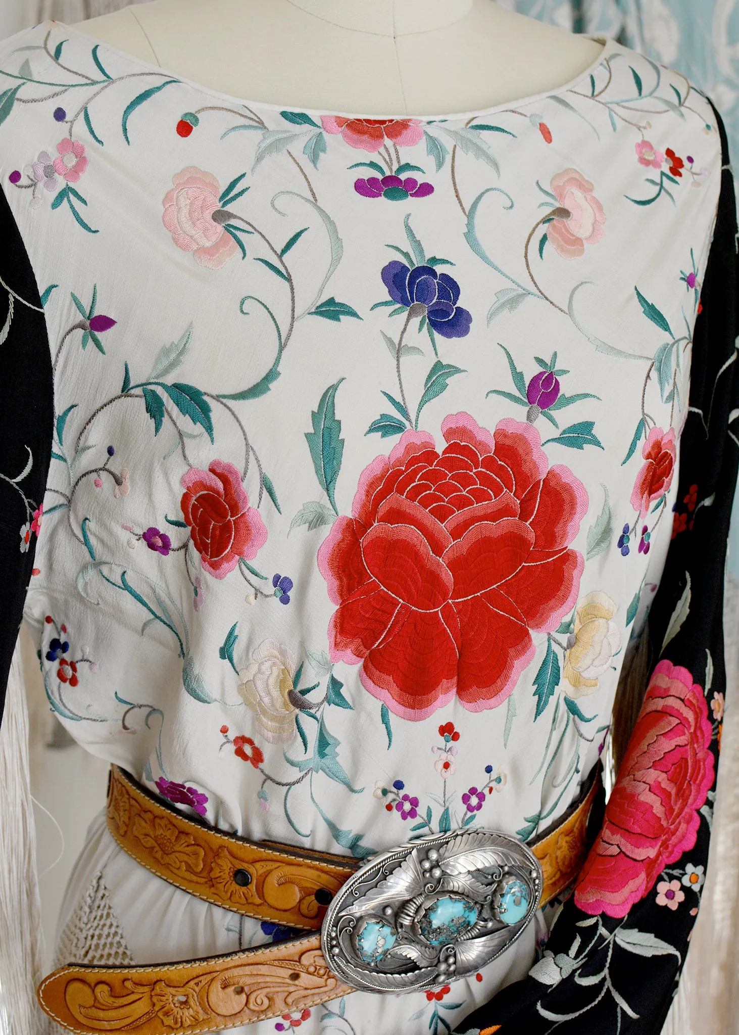 Lilith Antique Hand Embroidered Black & Creme with Roses Silk Crepe Tunic