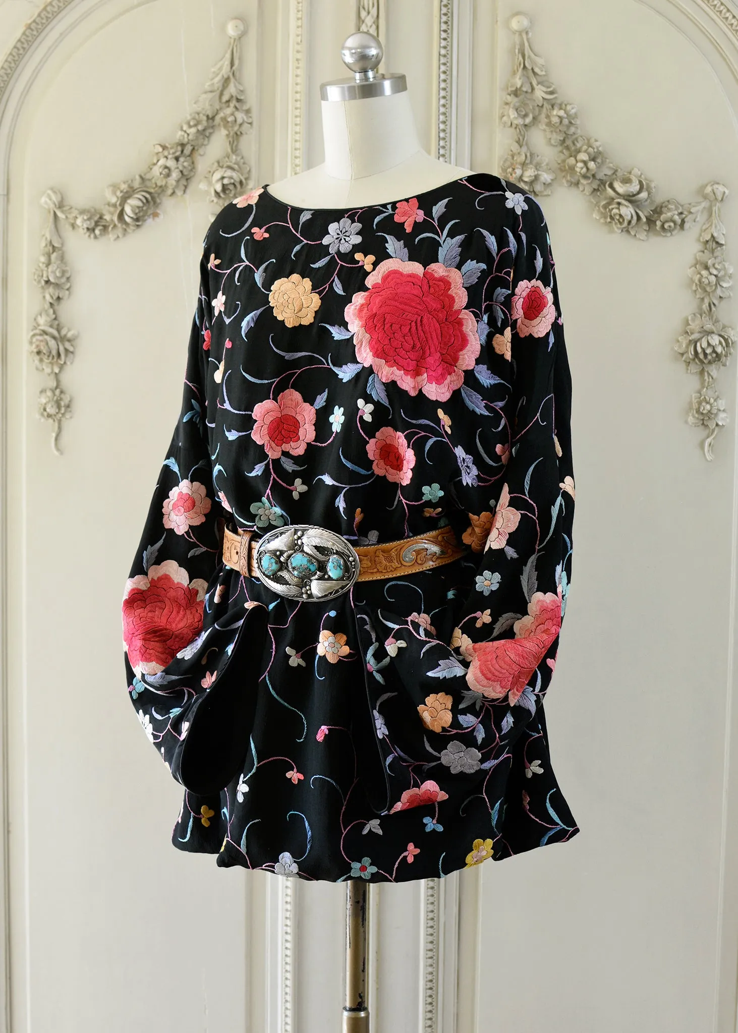 Lillie Antique Hand Embroidered Black, Coral & Rose Crepe Dress - SOLD
