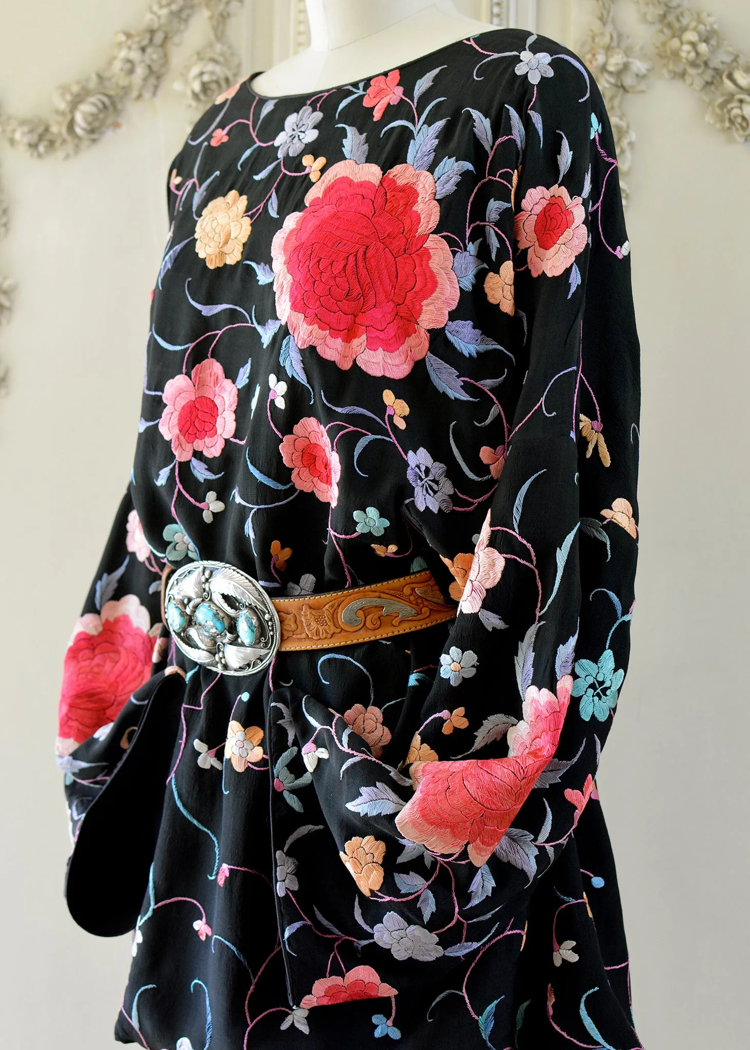 Lillie Antique Hand Embroidered Black, Coral & Rose Crepe Dress - SOLD