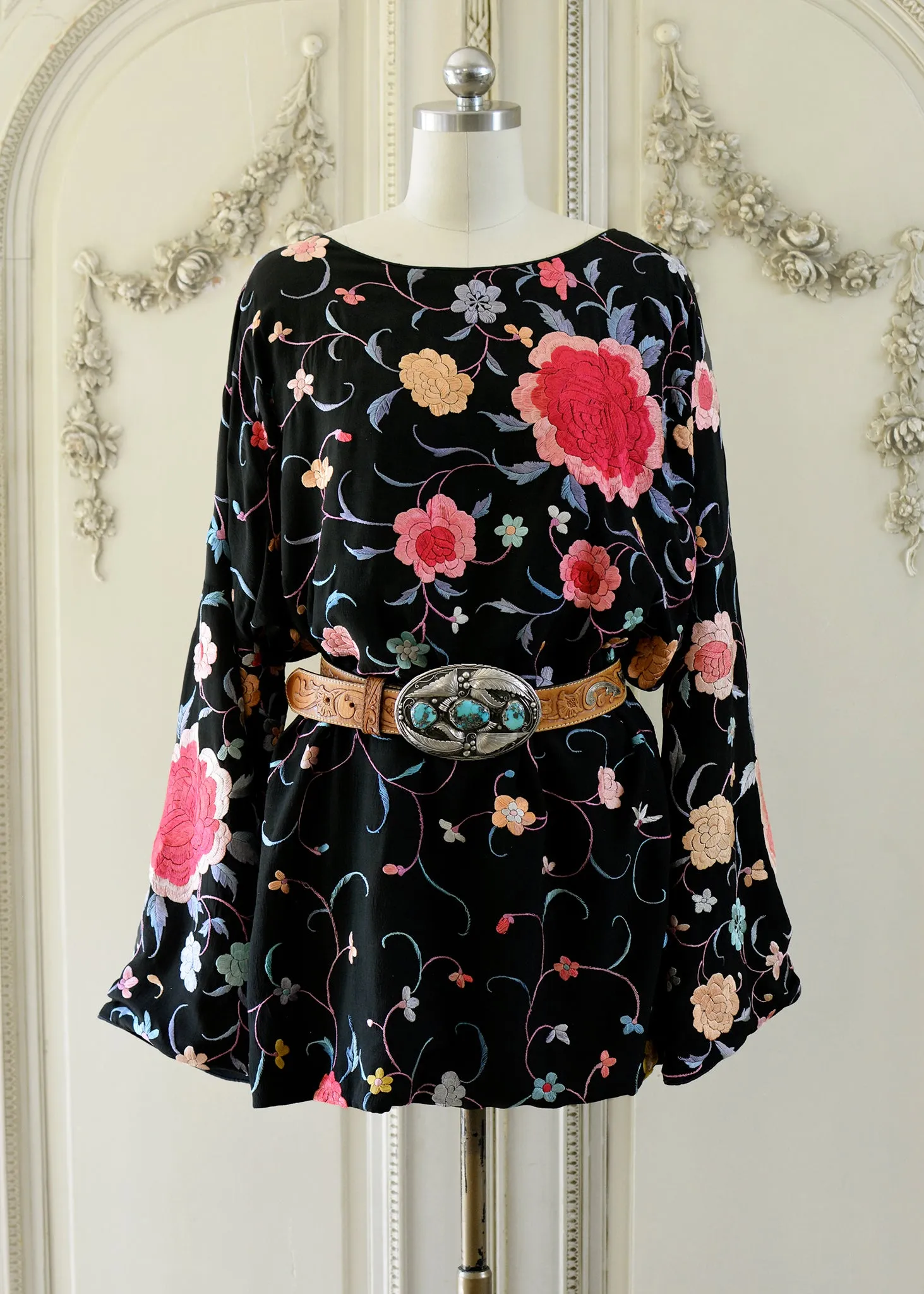 Lillie Antique Hand Embroidered Black, Coral & Rose Crepe Dress - SOLD