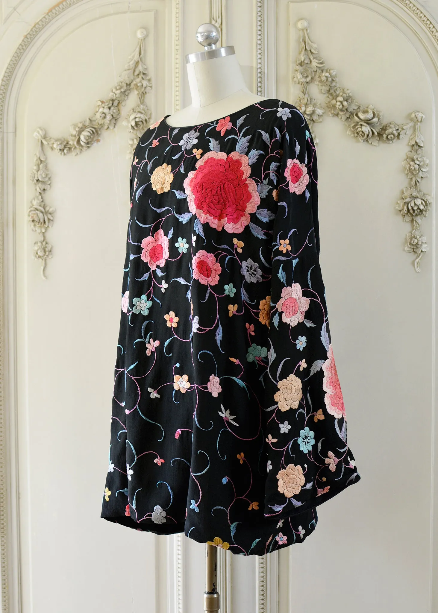 Lillie Antique Hand Embroidered Black, Coral & Rose Crepe Dress - SOLD