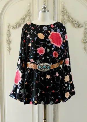 Lillie Antique Hand Embroidered Black, Coral & Rose Crepe Dress - SOLD