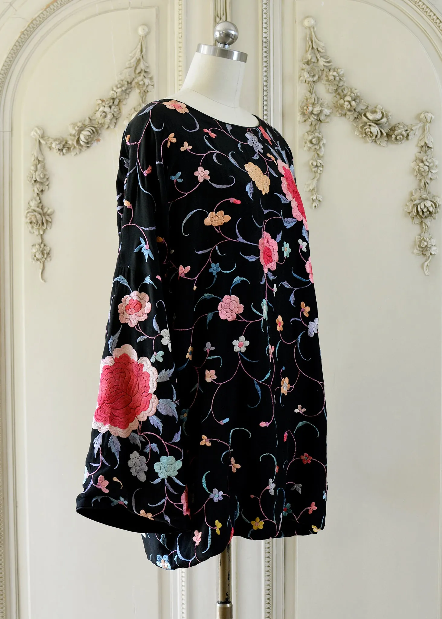 Lillie Antique Hand Embroidered Black, Coral & Rose Crepe Dress - SOLD