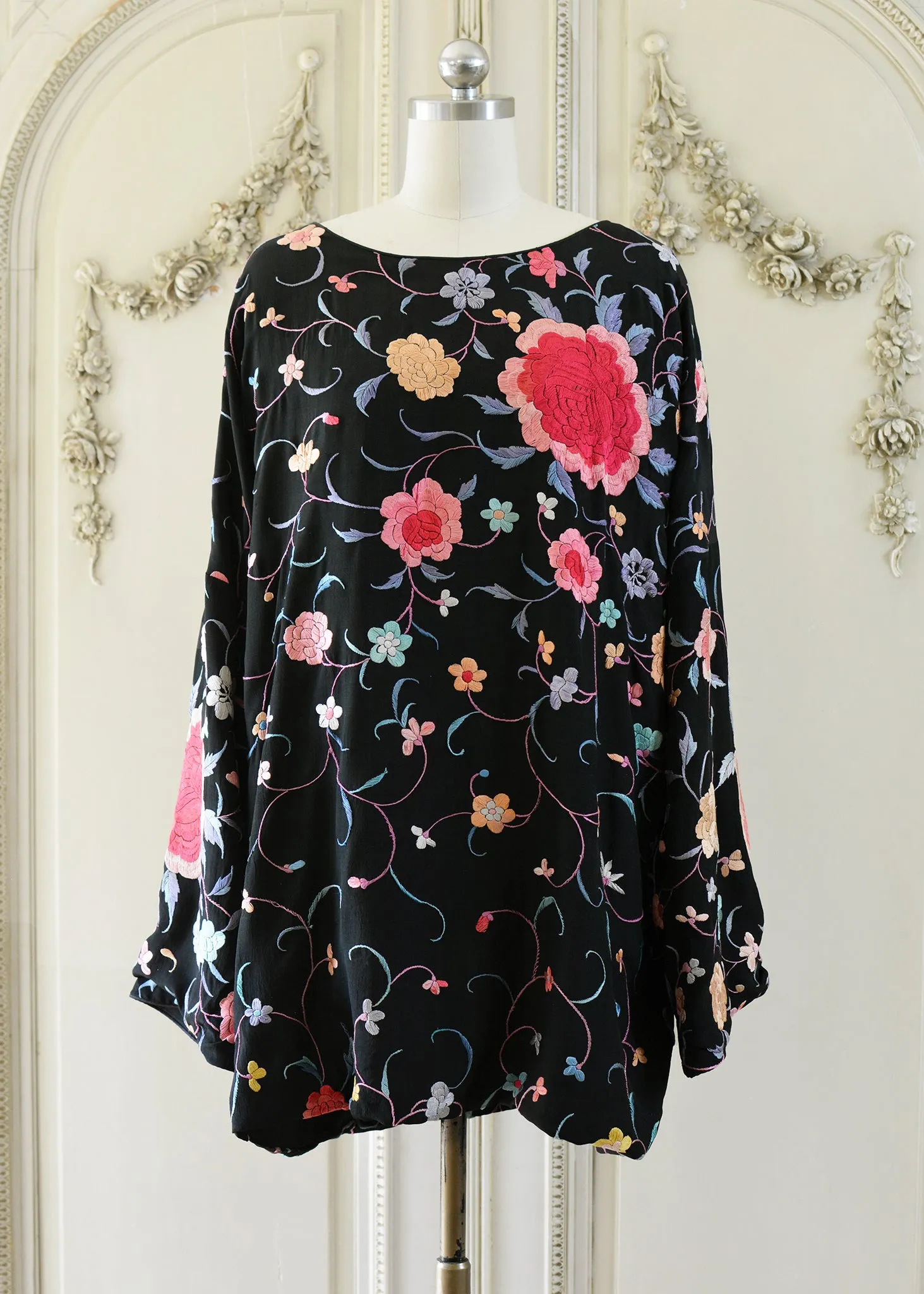 Lillie Antique Hand Embroidered Black, Coral & Rose Crepe Dress - SOLD