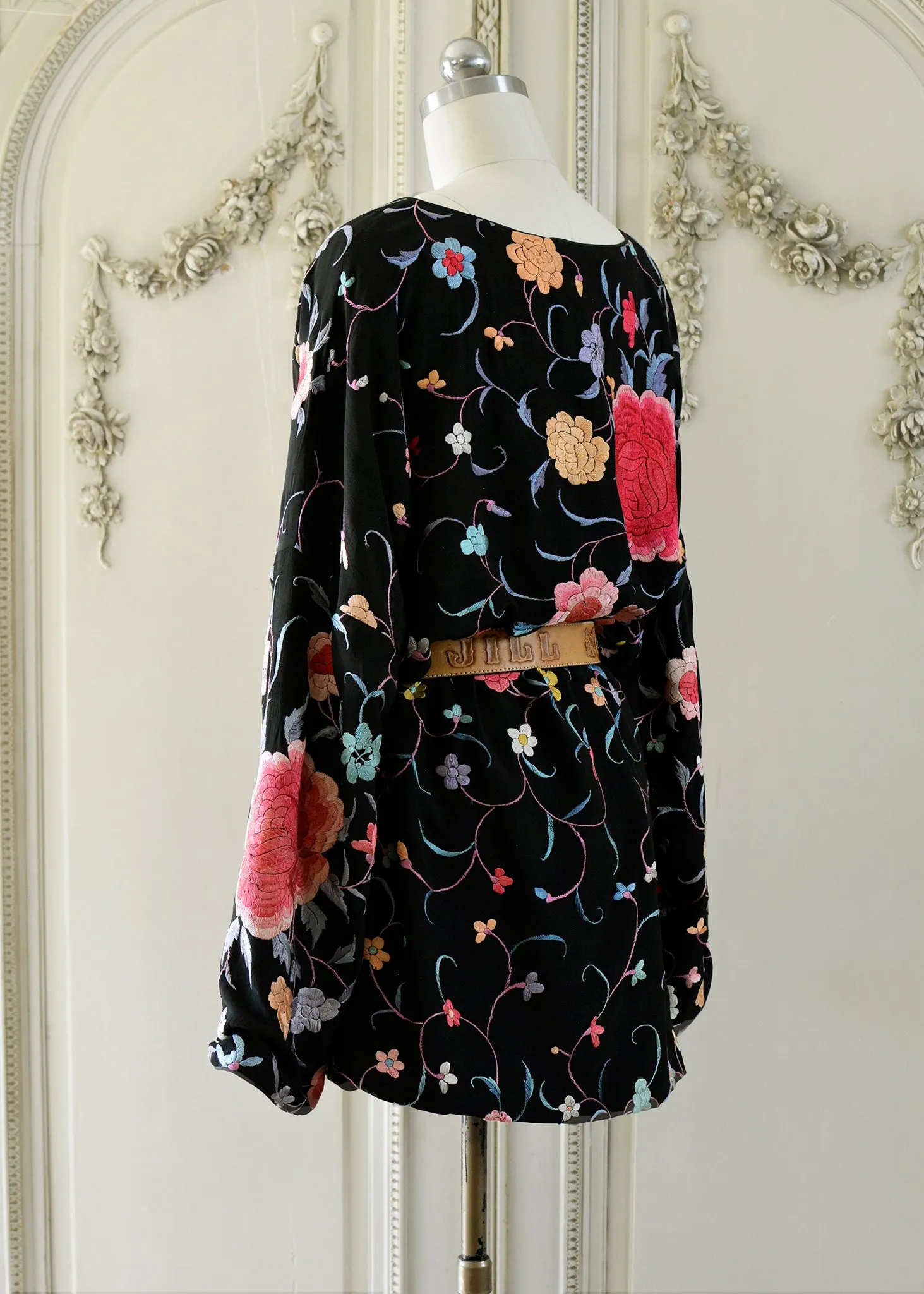 Lillie Antique Hand Embroidered Black, Coral & Rose Crepe Dress - SOLD