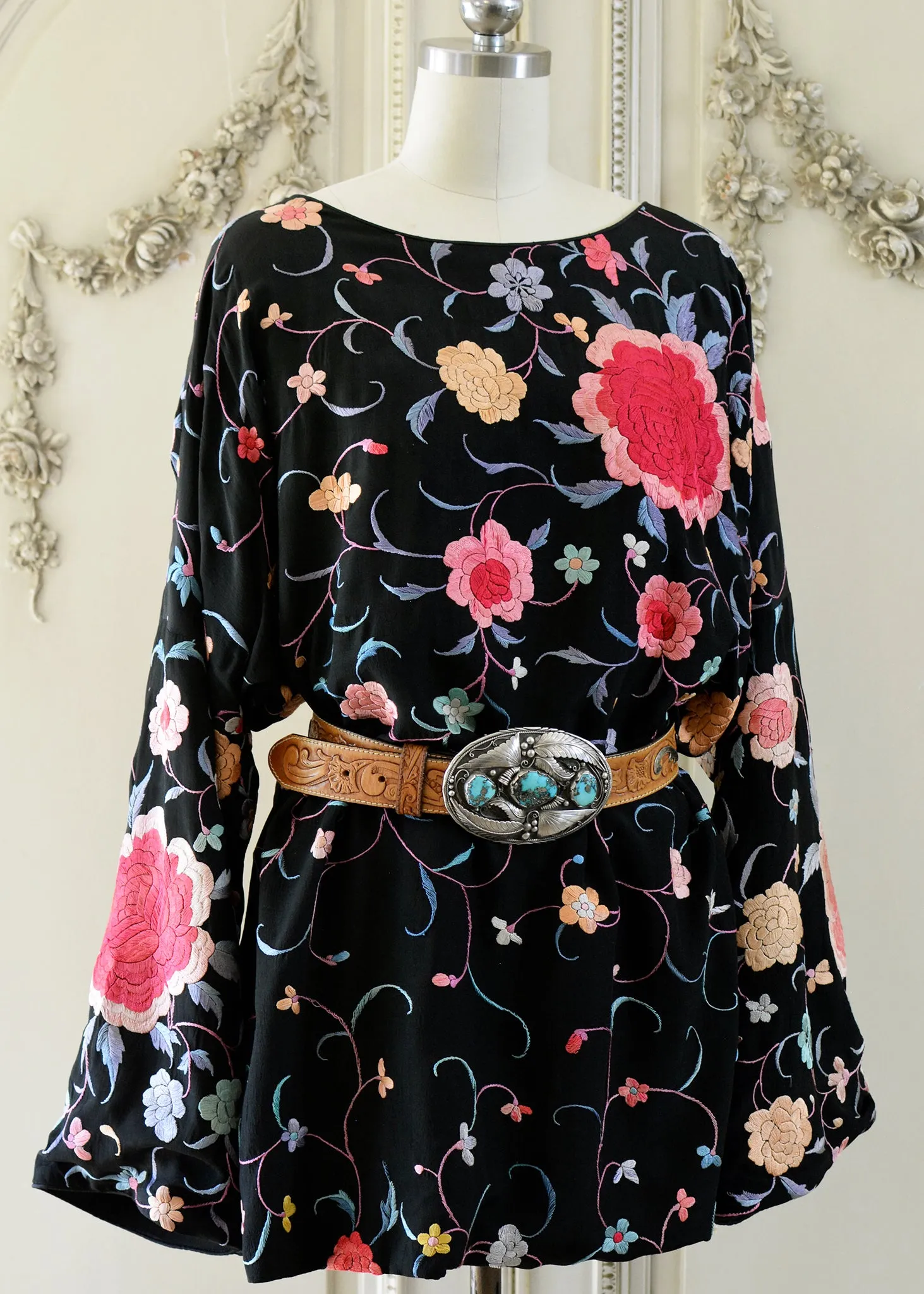 Lillie Antique Hand Embroidered Black, Coral & Rose Crepe Dress - SOLD