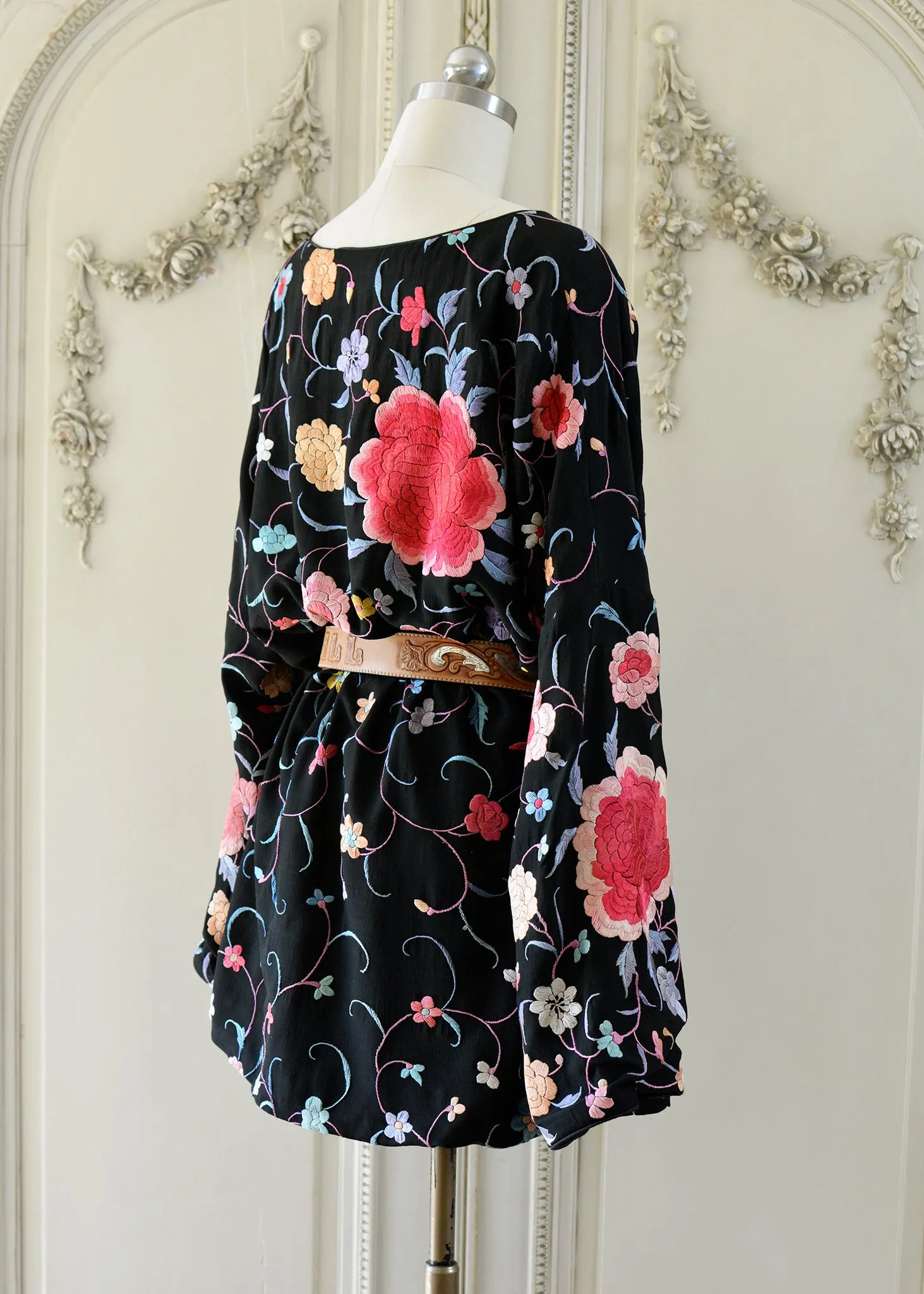 Lillie Antique Hand Embroidered Black, Coral & Rose Crepe Dress - SOLD