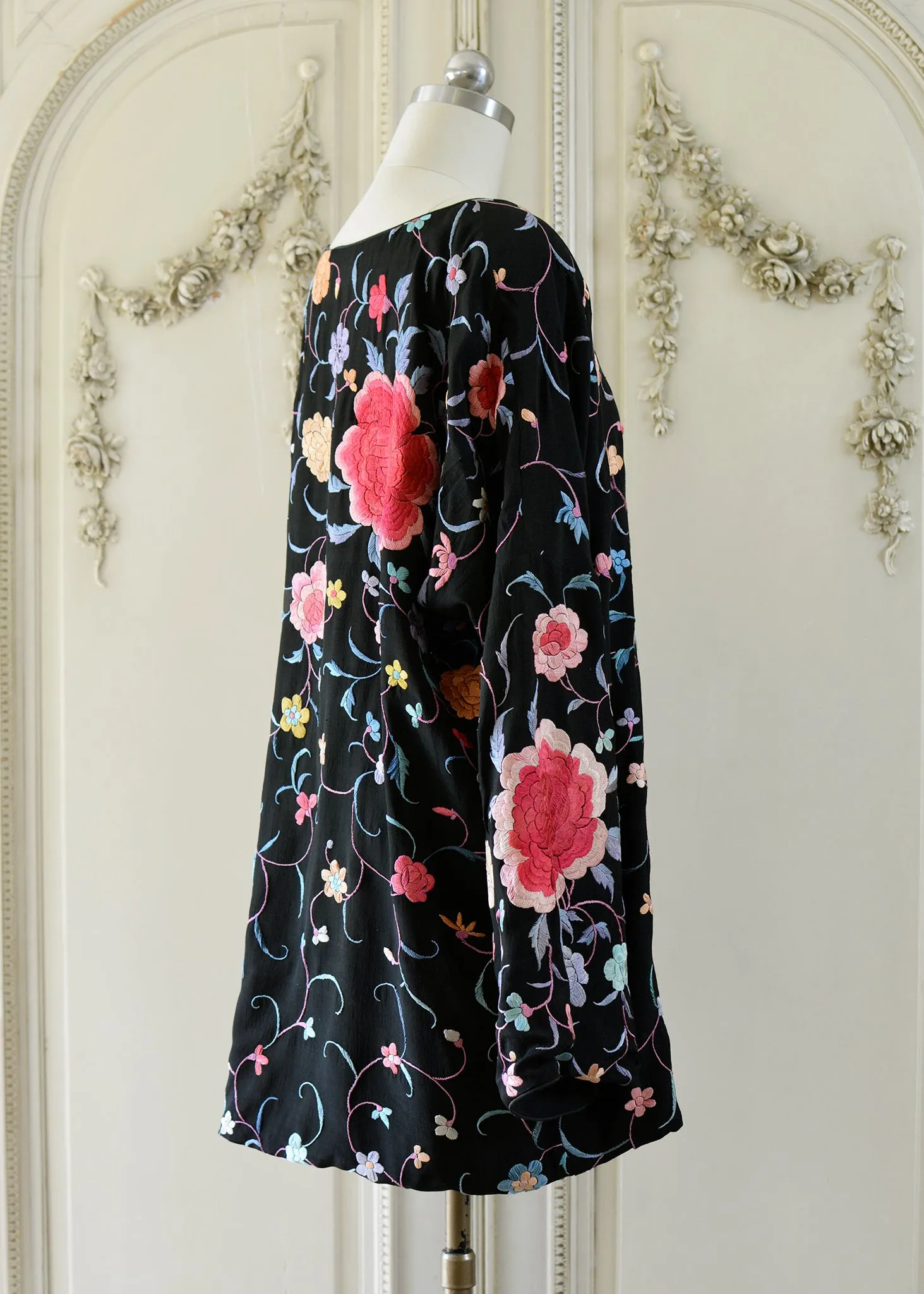 Lillie Antique Hand Embroidered Black, Coral & Rose Crepe Dress - SOLD