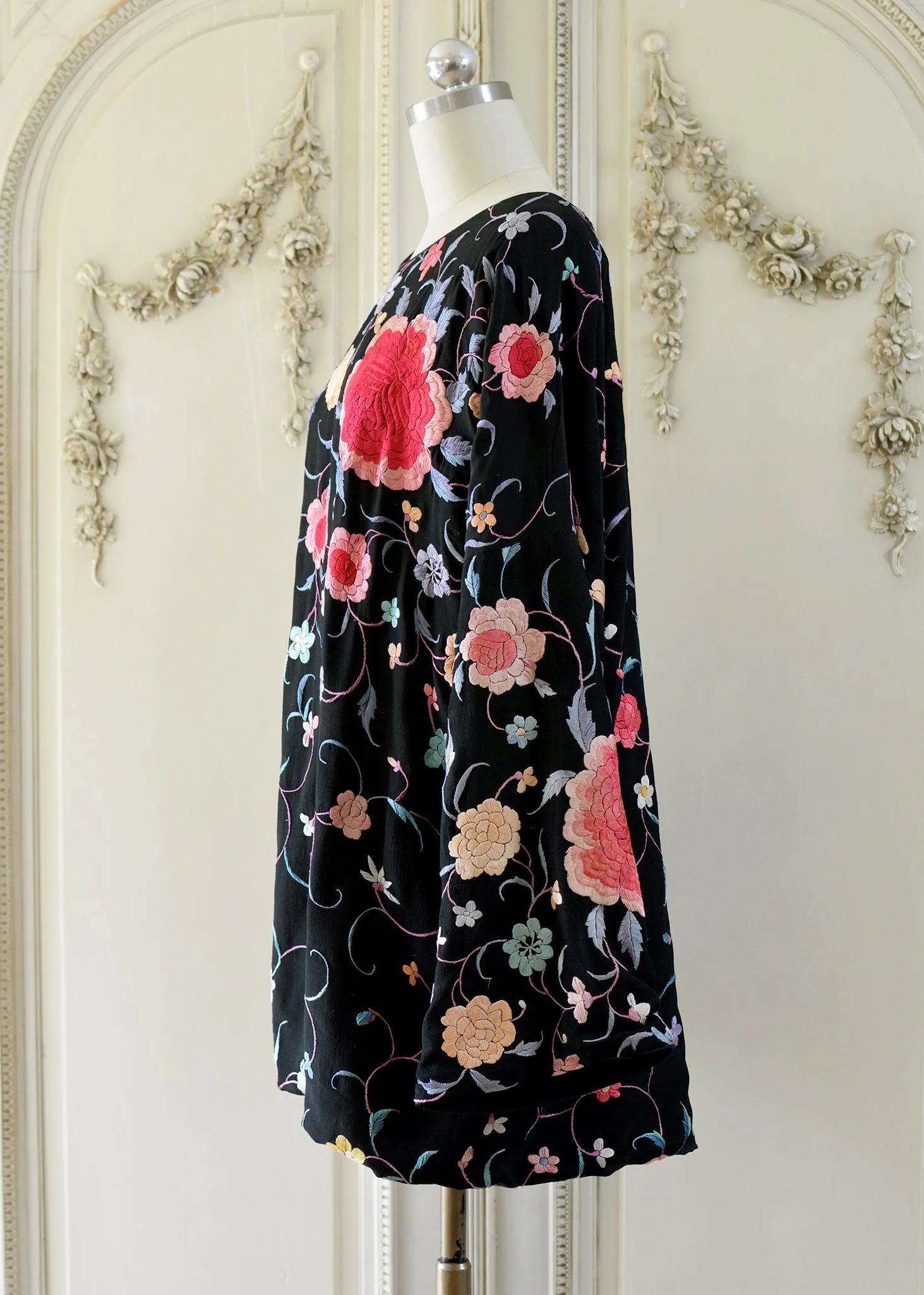 Lillie Antique Hand Embroidered Black, Coral & Rose Crepe Dress - SOLD