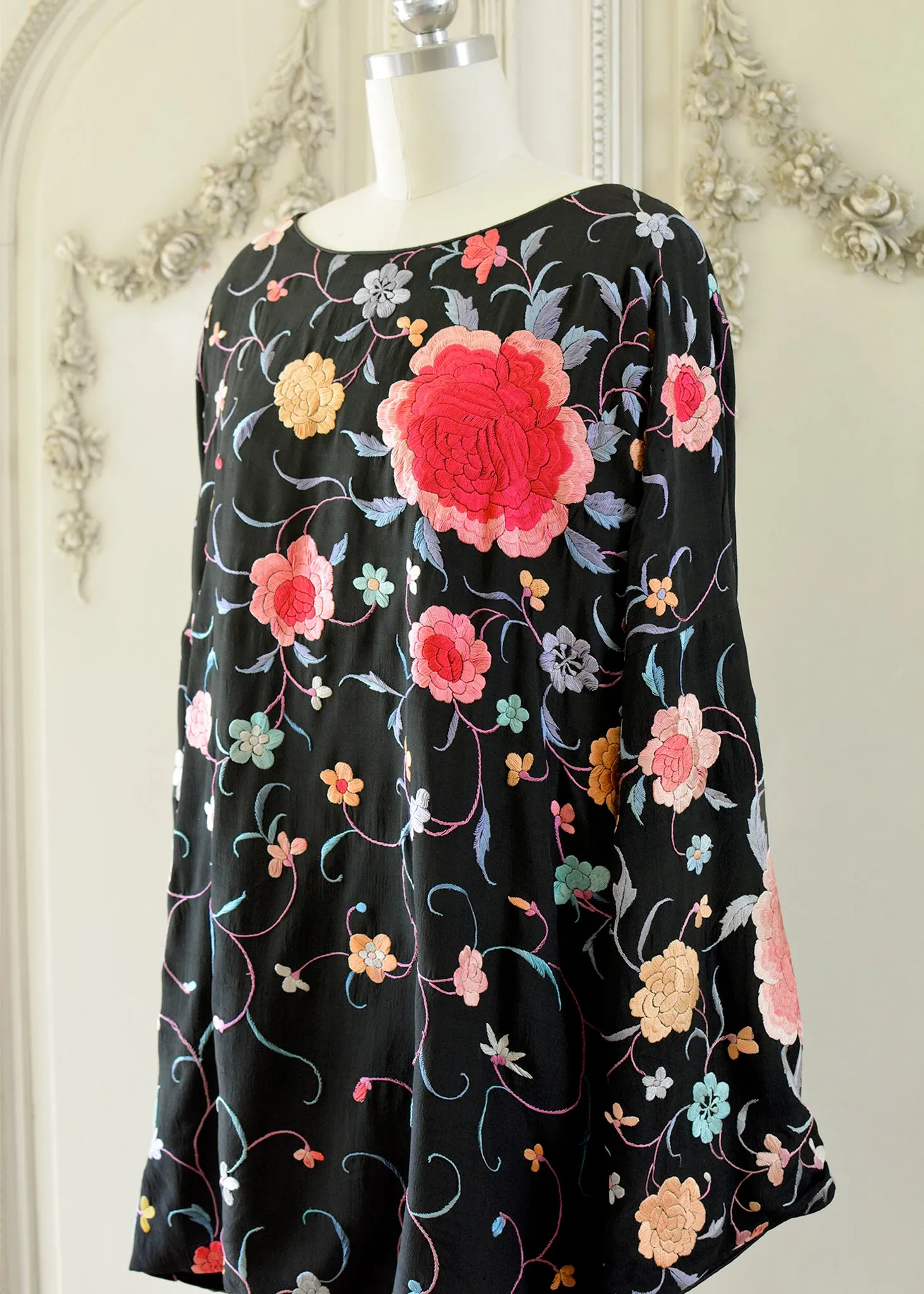 Lillie Antique Hand Embroidered Black, Coral & Rose Crepe Dress - SOLD