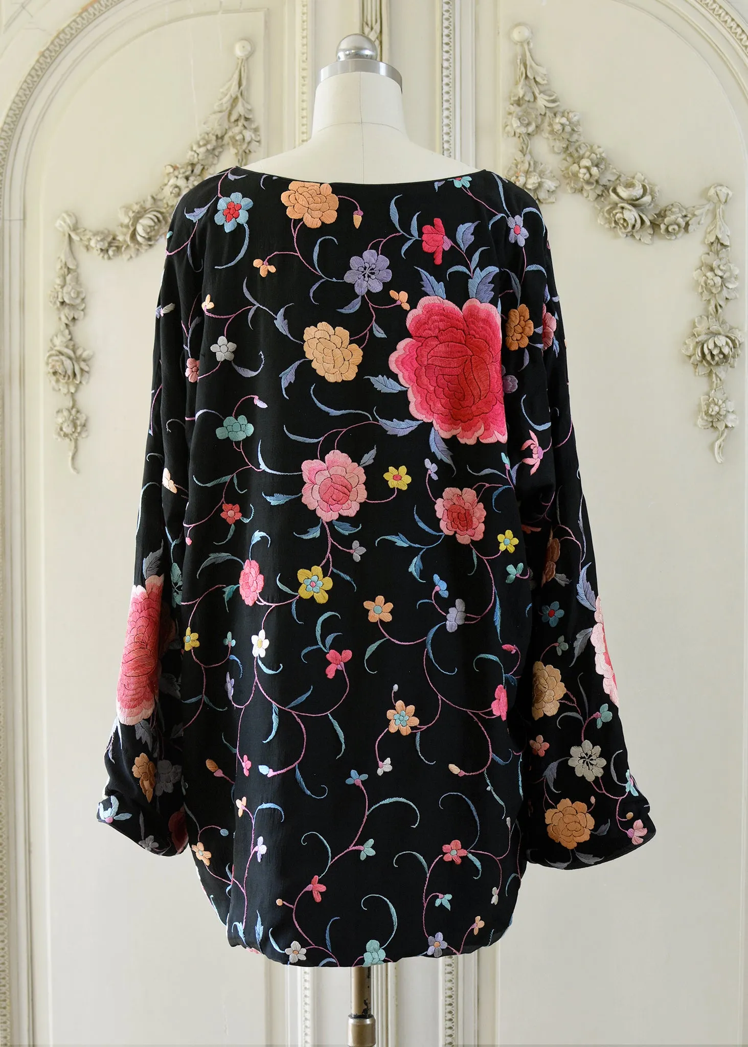 Lillie Antique Hand Embroidered Black, Coral & Rose Crepe Dress - SOLD