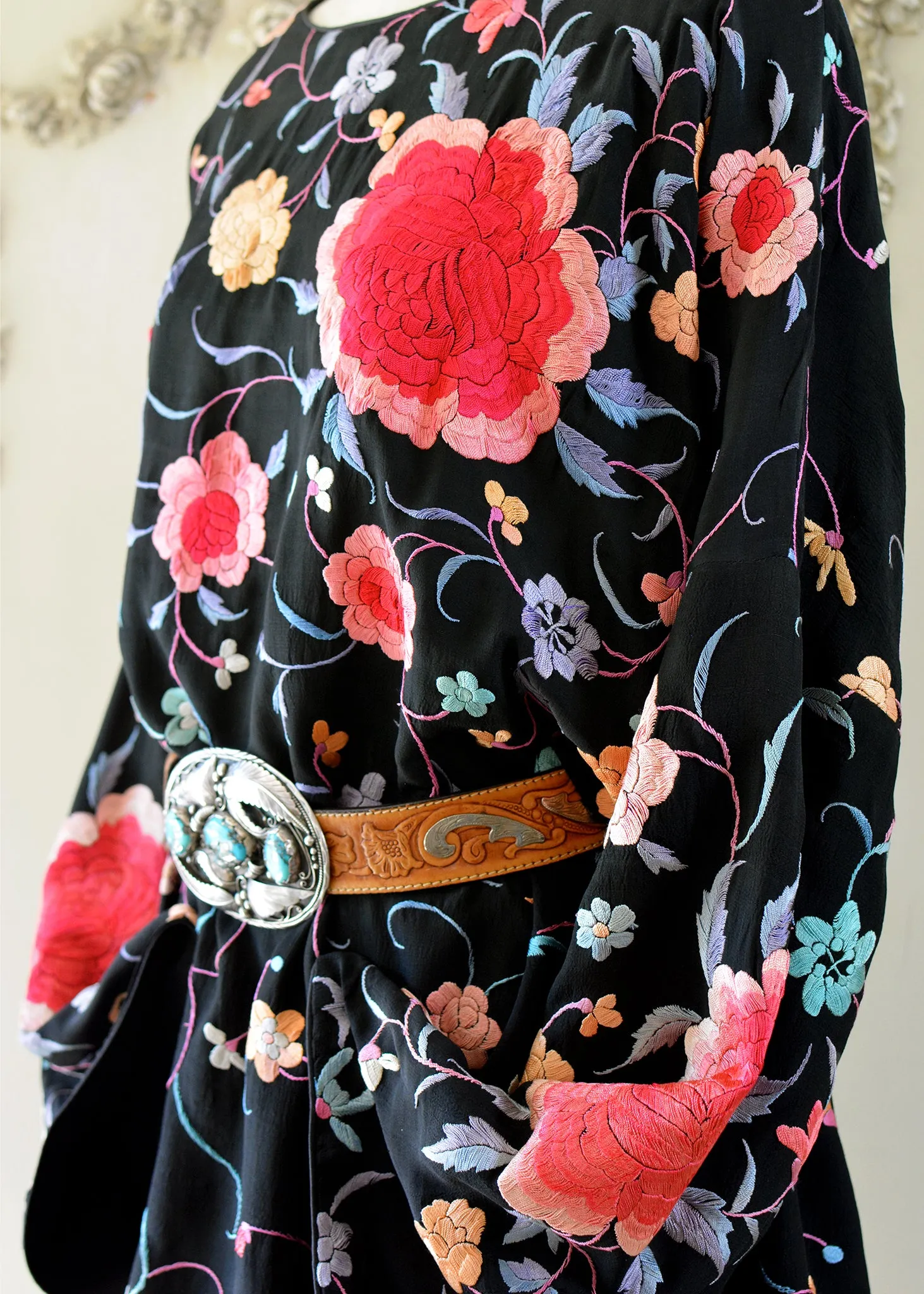 Lillie Antique Hand Embroidered Black, Coral & Rose Crepe Dress - SOLD
