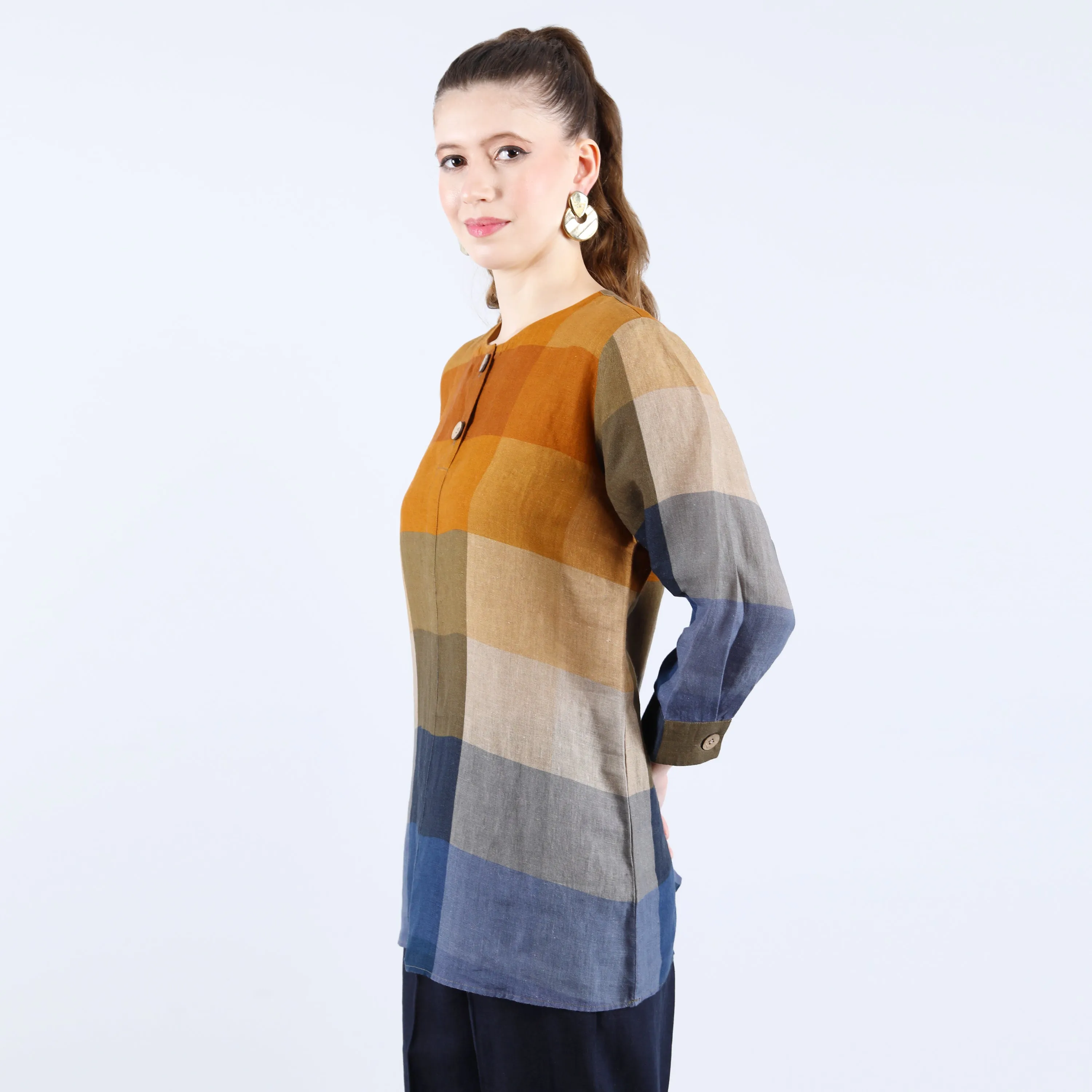 Linen Mustard and Blue Check Print Tunic