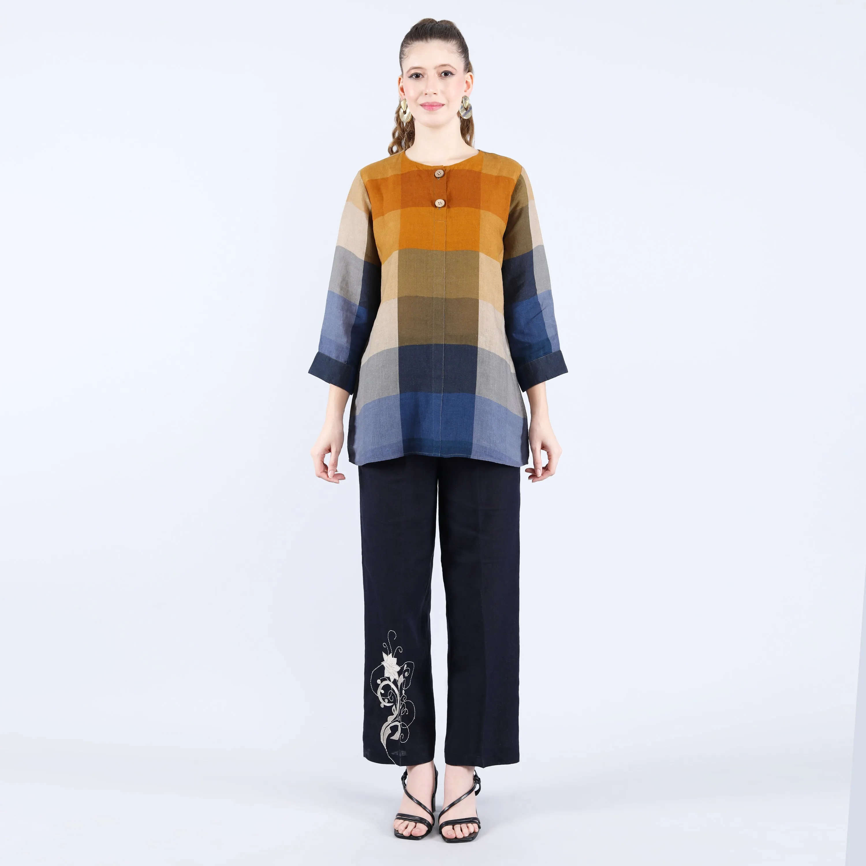 Linen Mustard and Blue Check Print Tunic