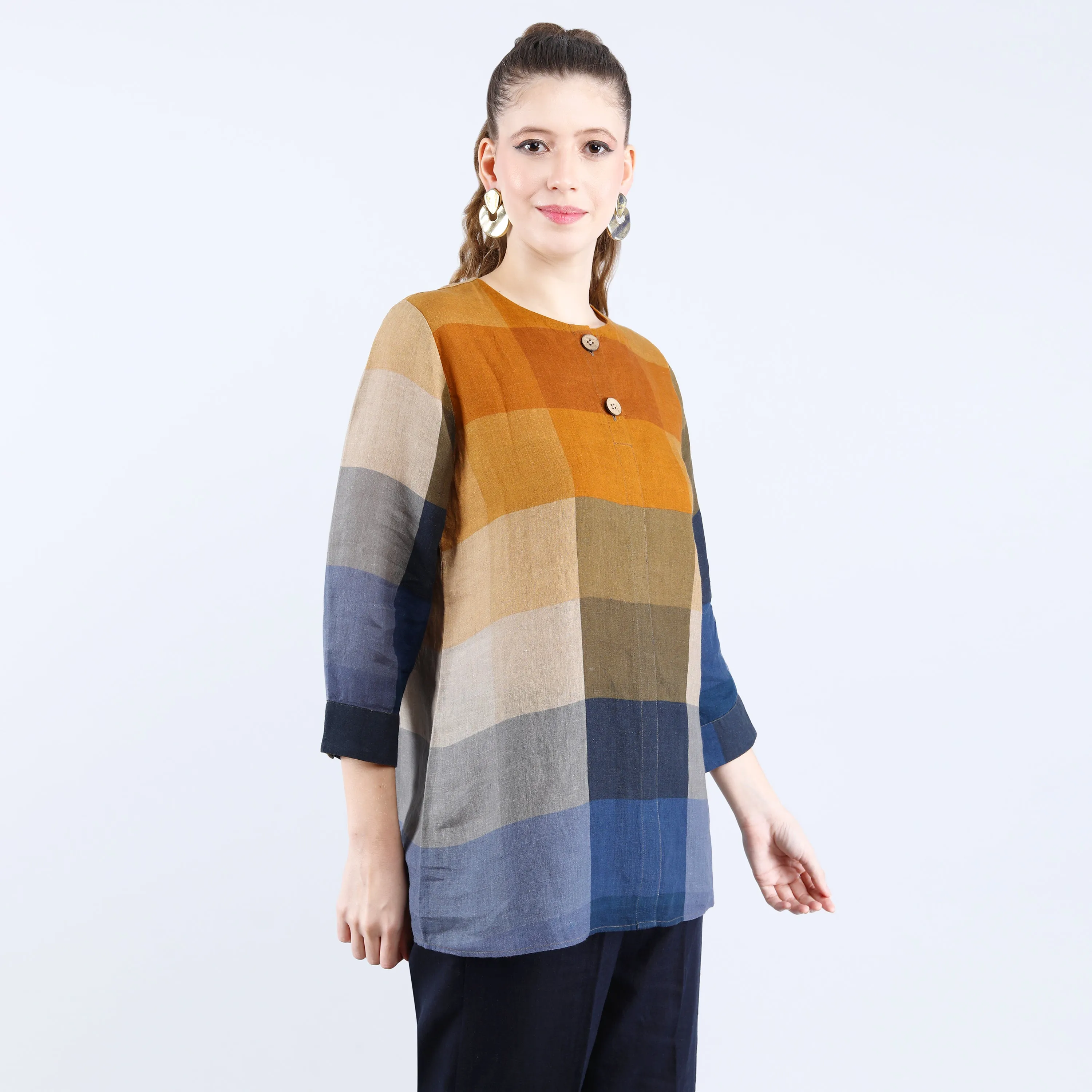 Linen Mustard and Blue Check Print Tunic