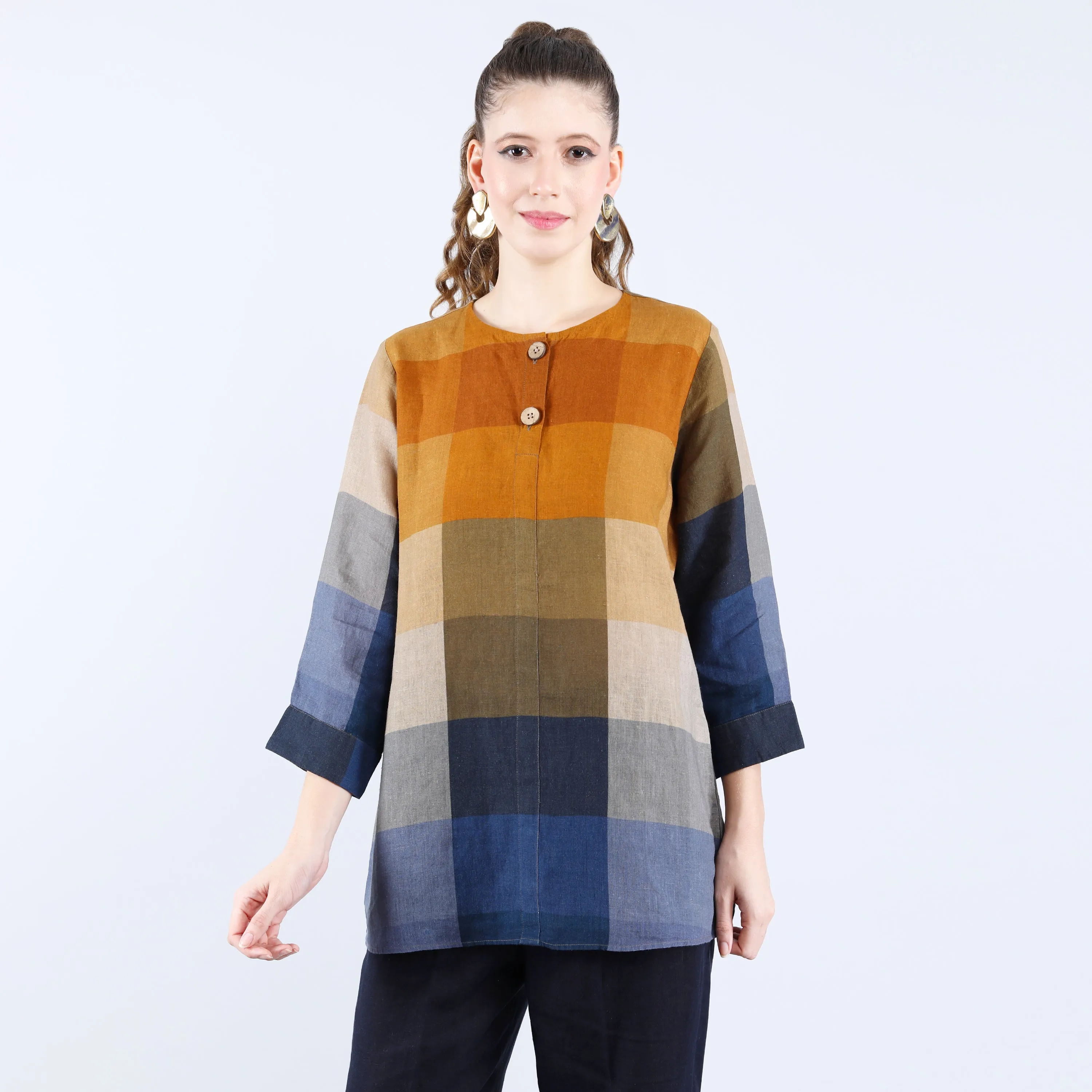 Linen Mustard and Blue Check Print Tunic