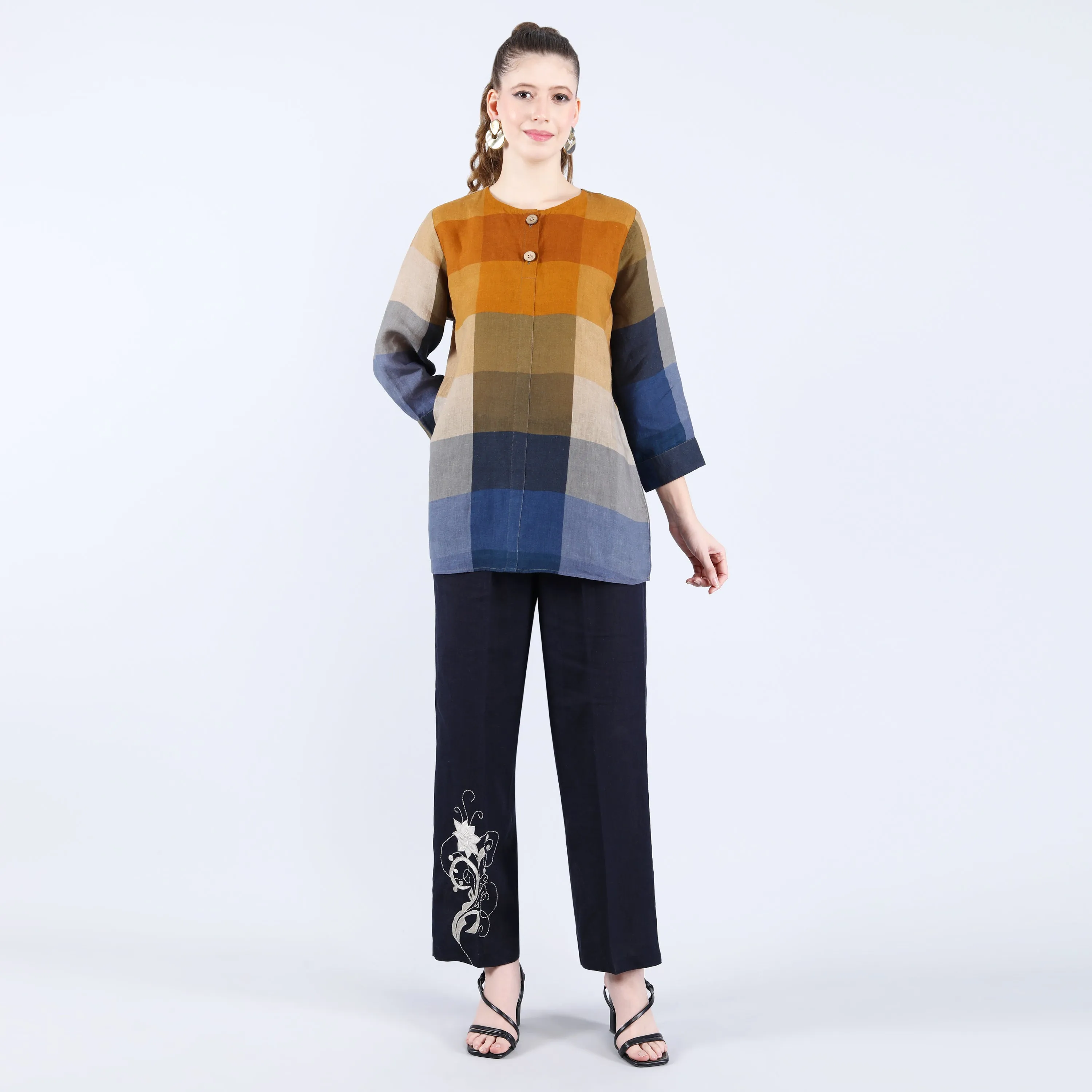 Linen Mustard and Blue Check Print Tunic