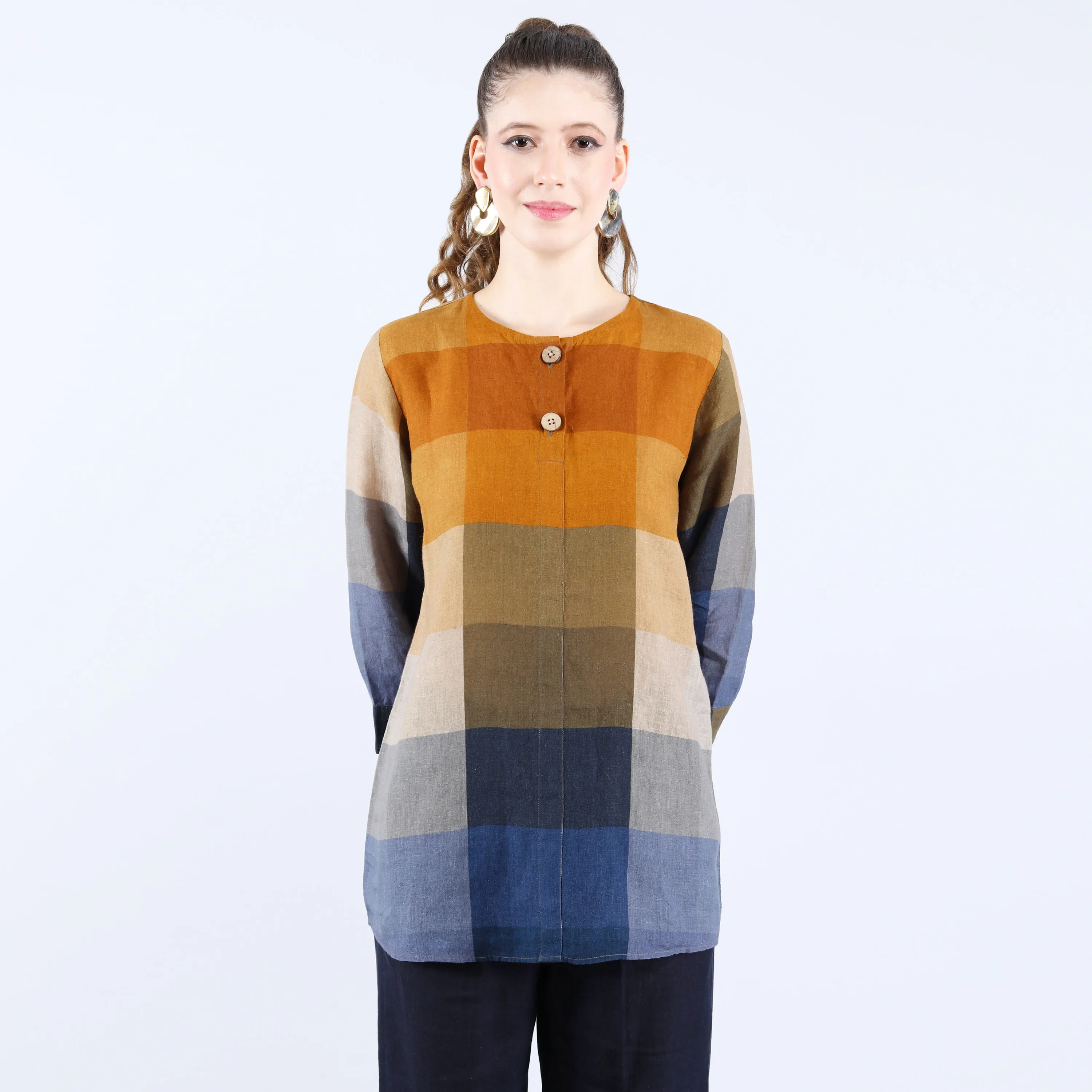 Linen Mustard and Blue Check Print Tunic