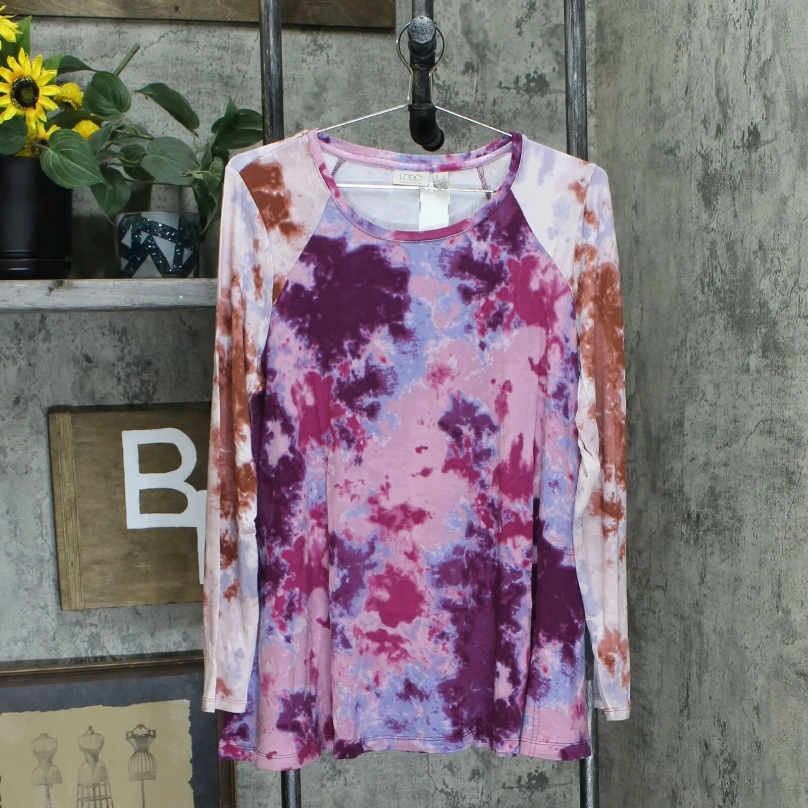 LOGO by Lori Goldstein Women's Colorblock Shoulder Tie-Dye Tunic Top
