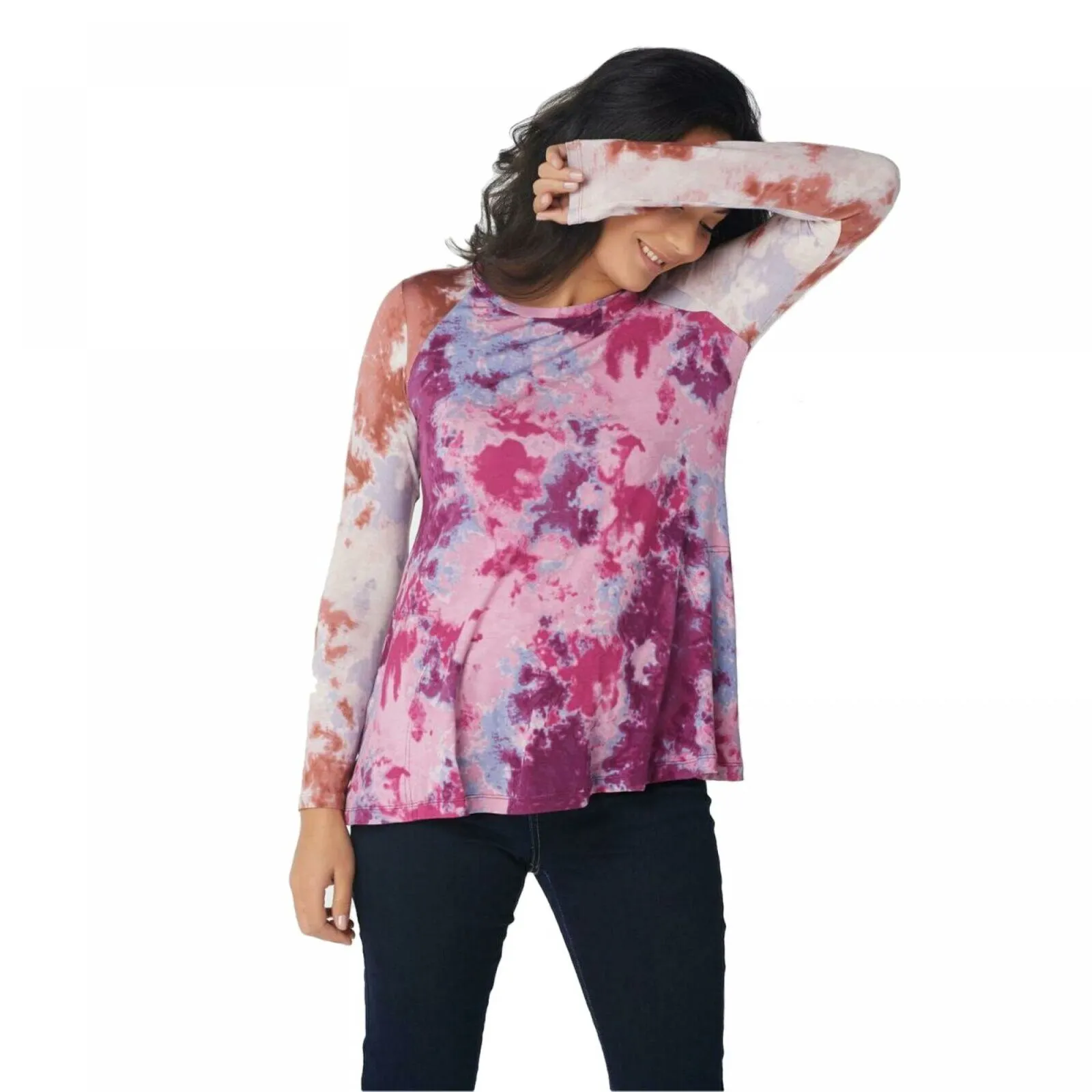LOGO by Lori Goldstein Women's Colorblock Shoulder Tie-Dye Tunic Top